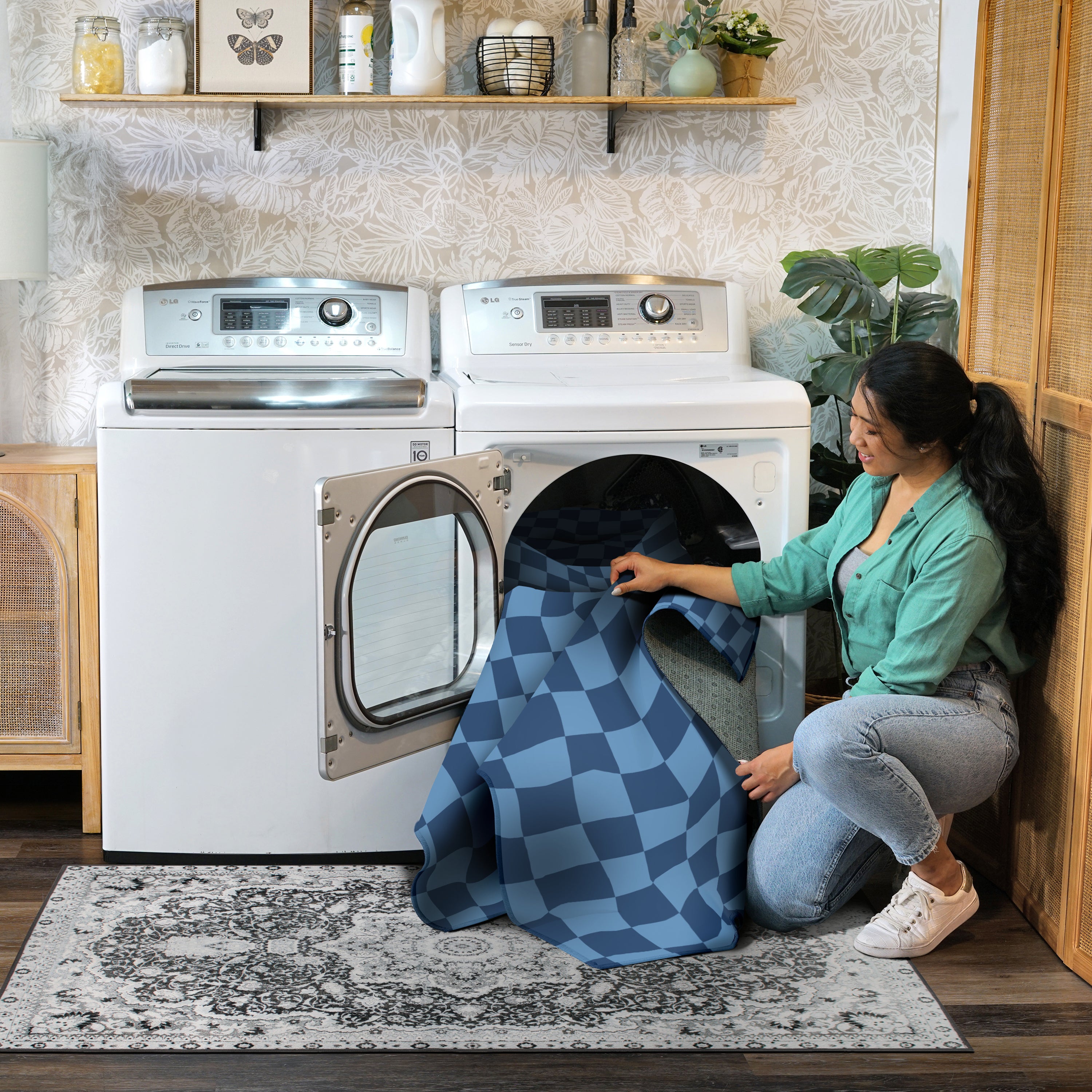 Checkered Blue Machine Washable Rug