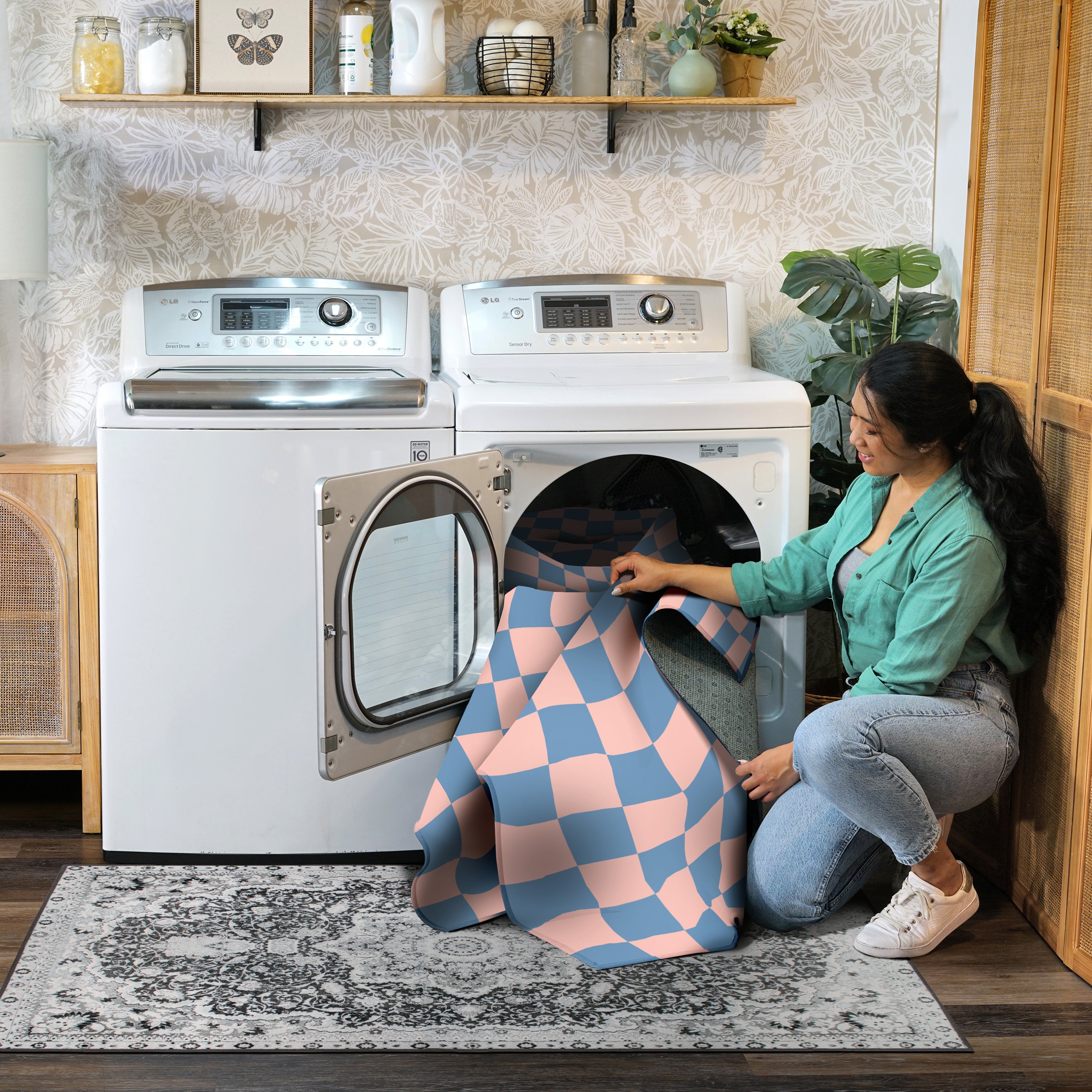 Checkered Blue Pink Machine Washable Rug