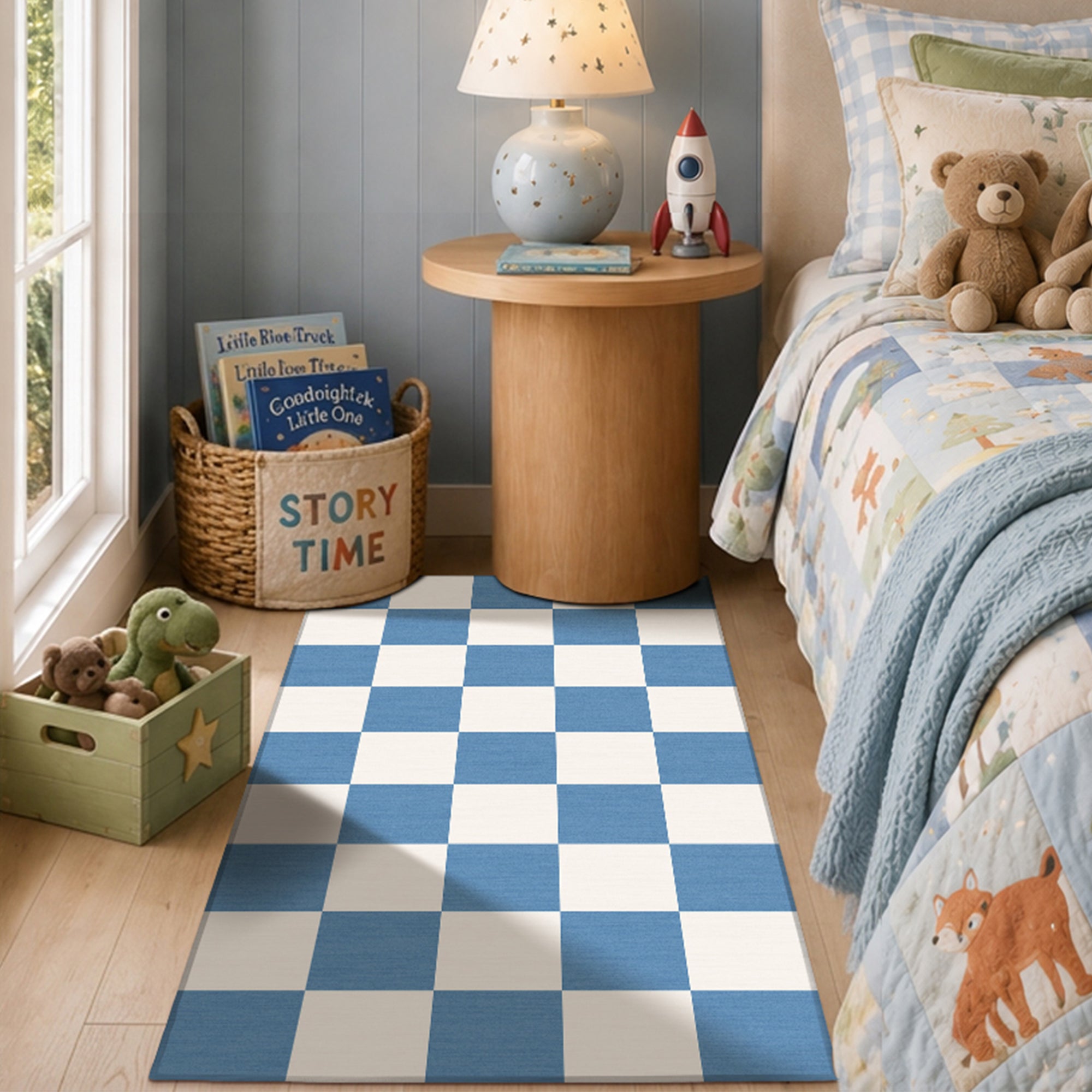 Checkered Blue White Machine Washable Rug
