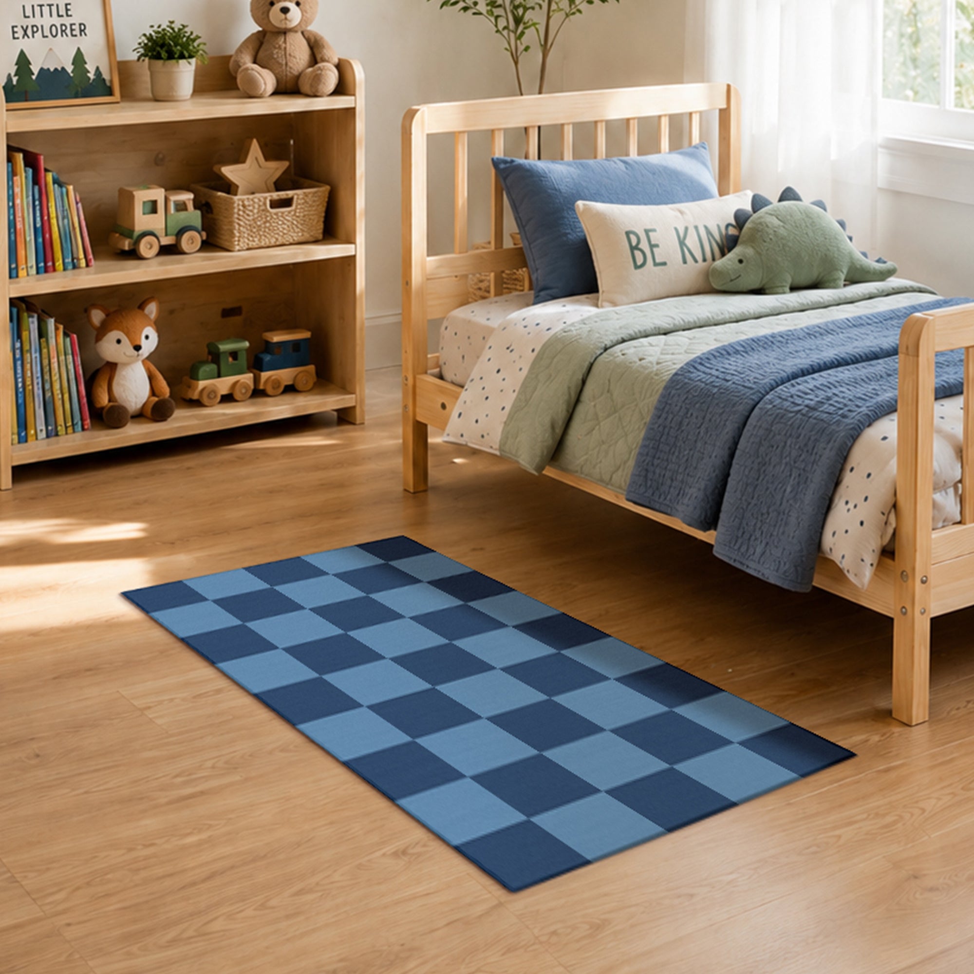 Checkered Blue Machine Washable Rug