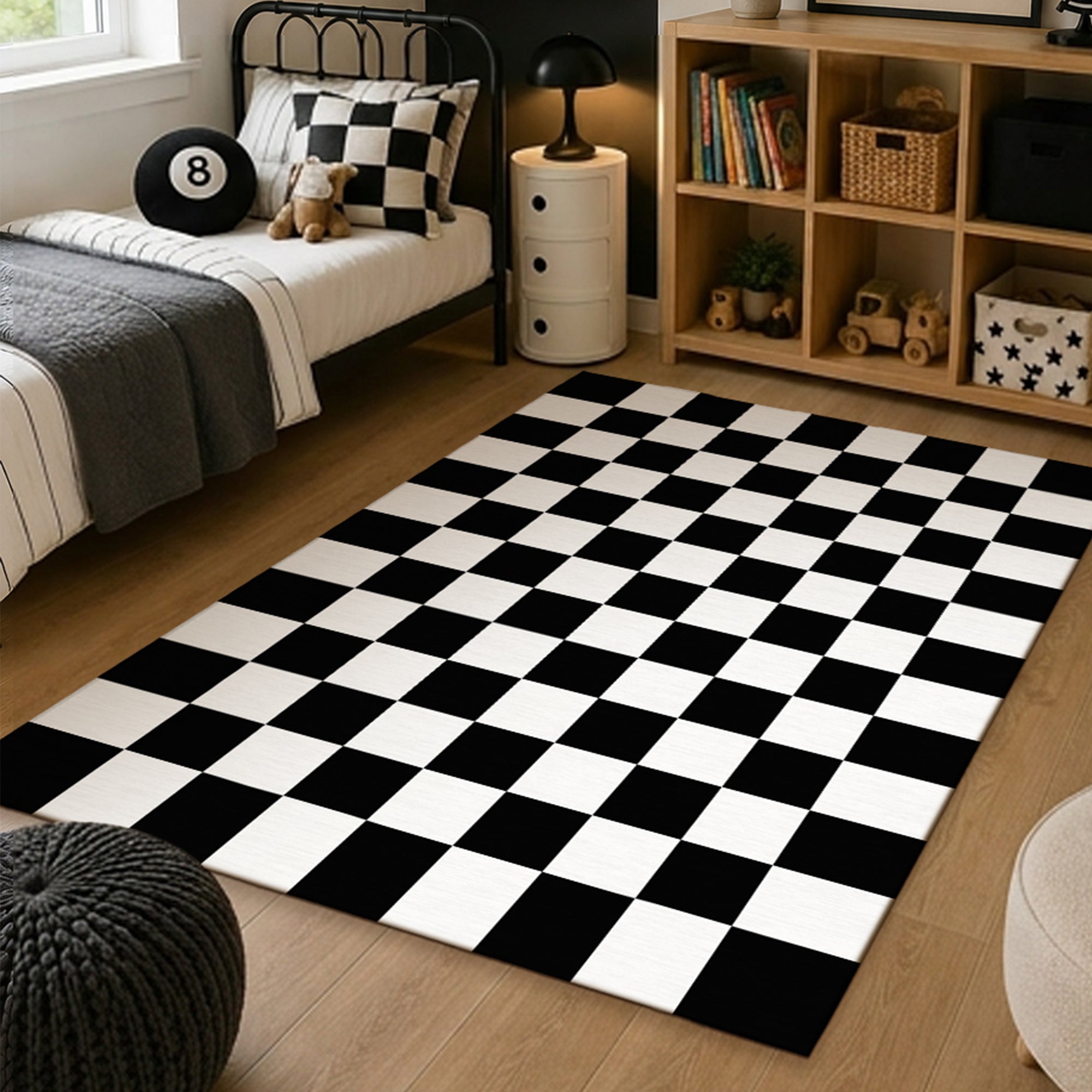 Checkered Black White Machine Washable Rug