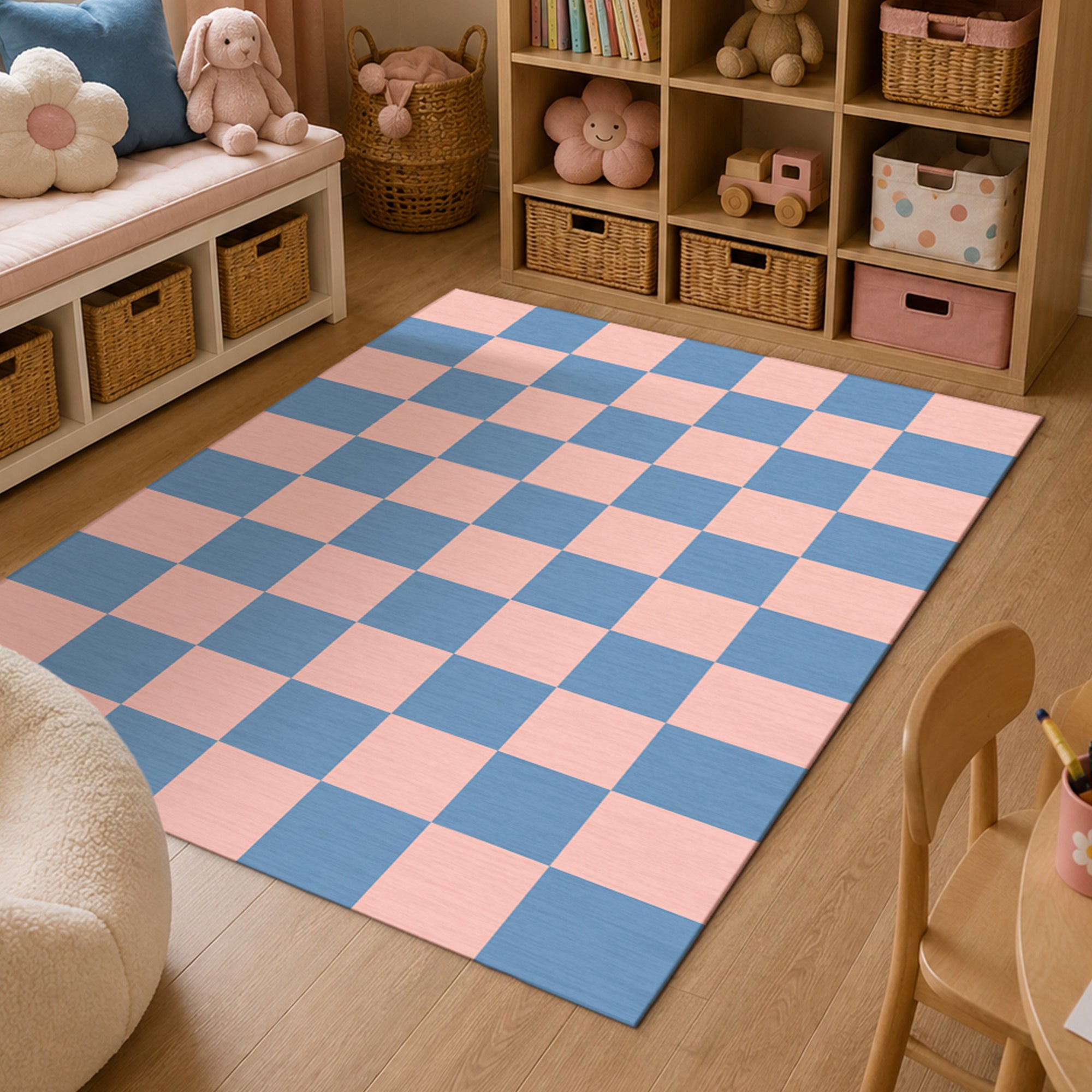 Checkered Blue Pink Machine Washable Rug