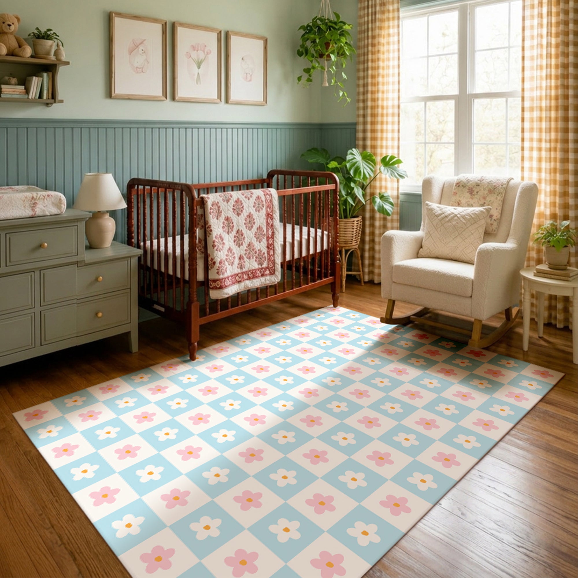 Checkered Daisies Machine Washable Rug