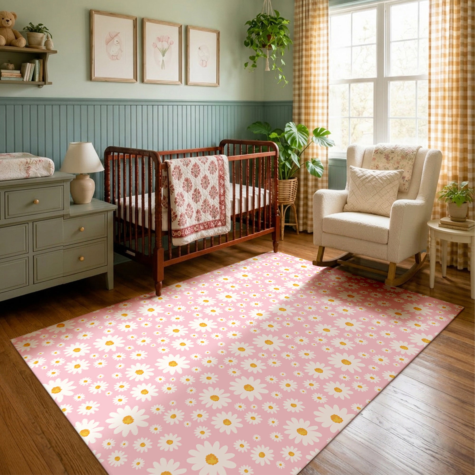 Daisy Meadow Pink Machine Washable Rug