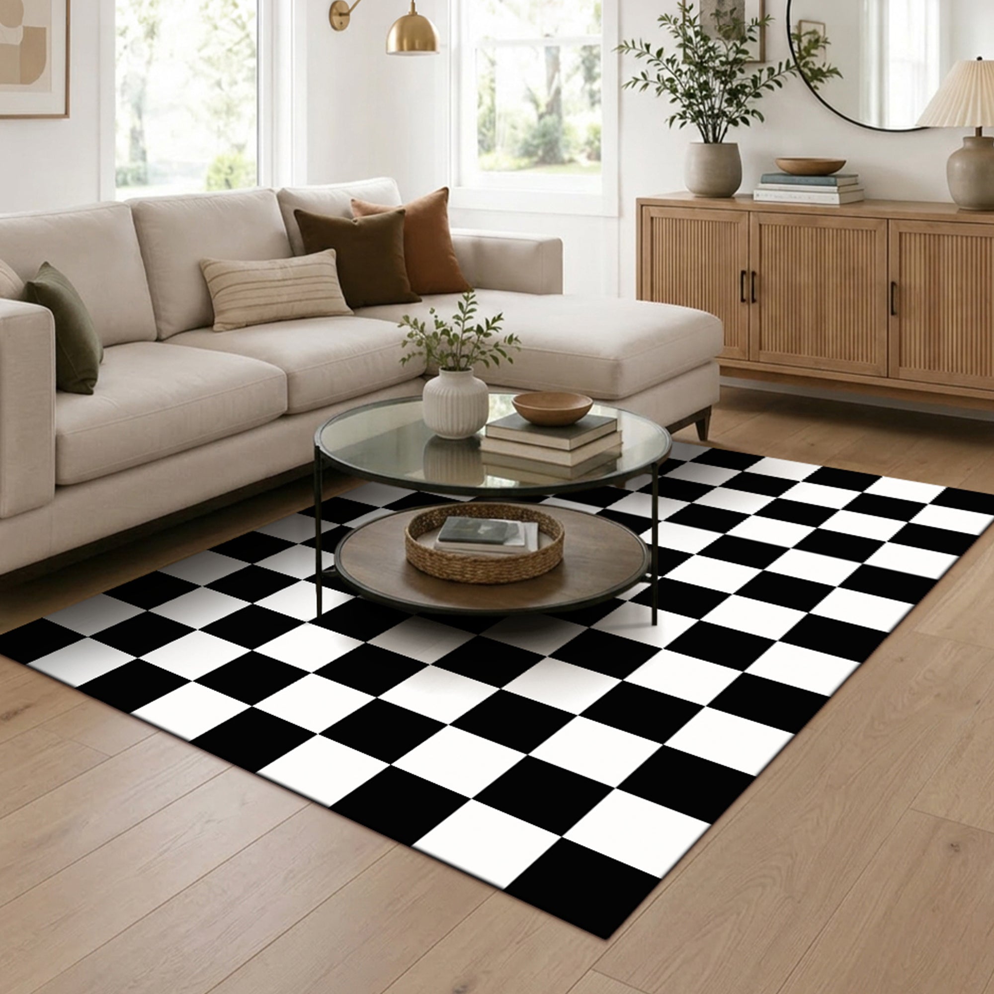 Checkered Black White Machine Washable Rug