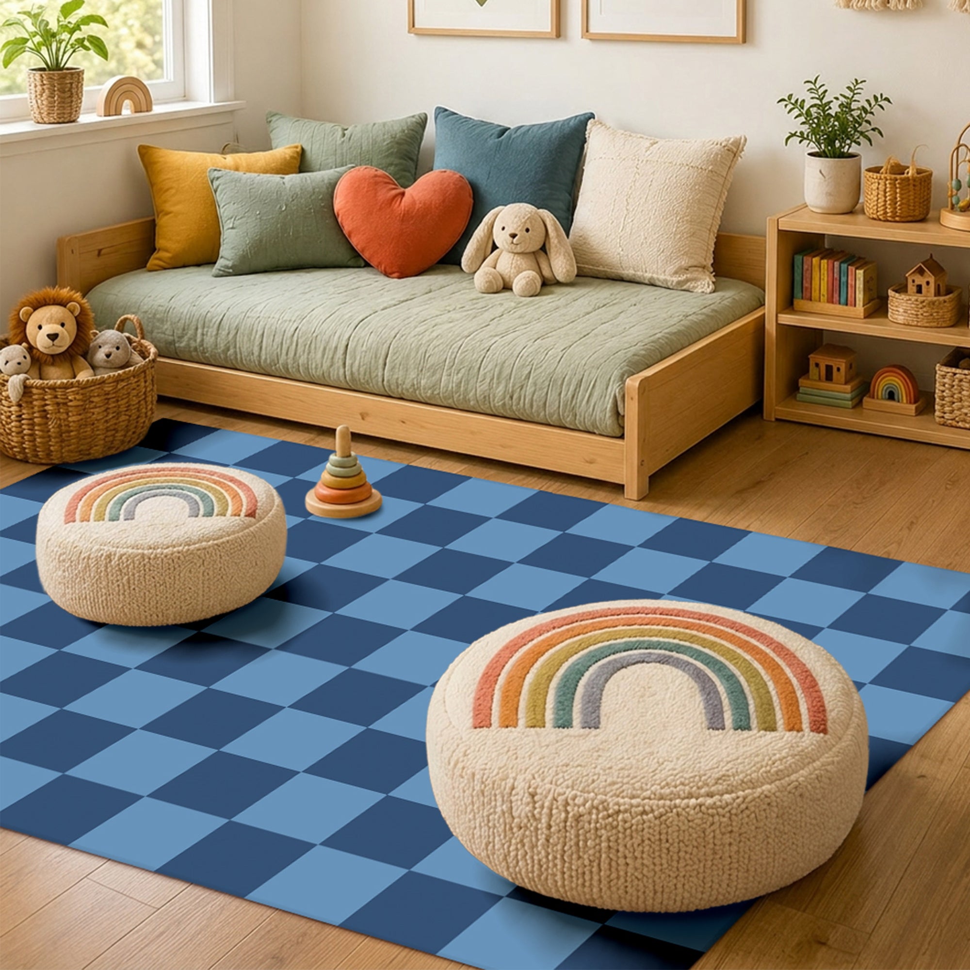 Checkered Blue Machine Washable Rug