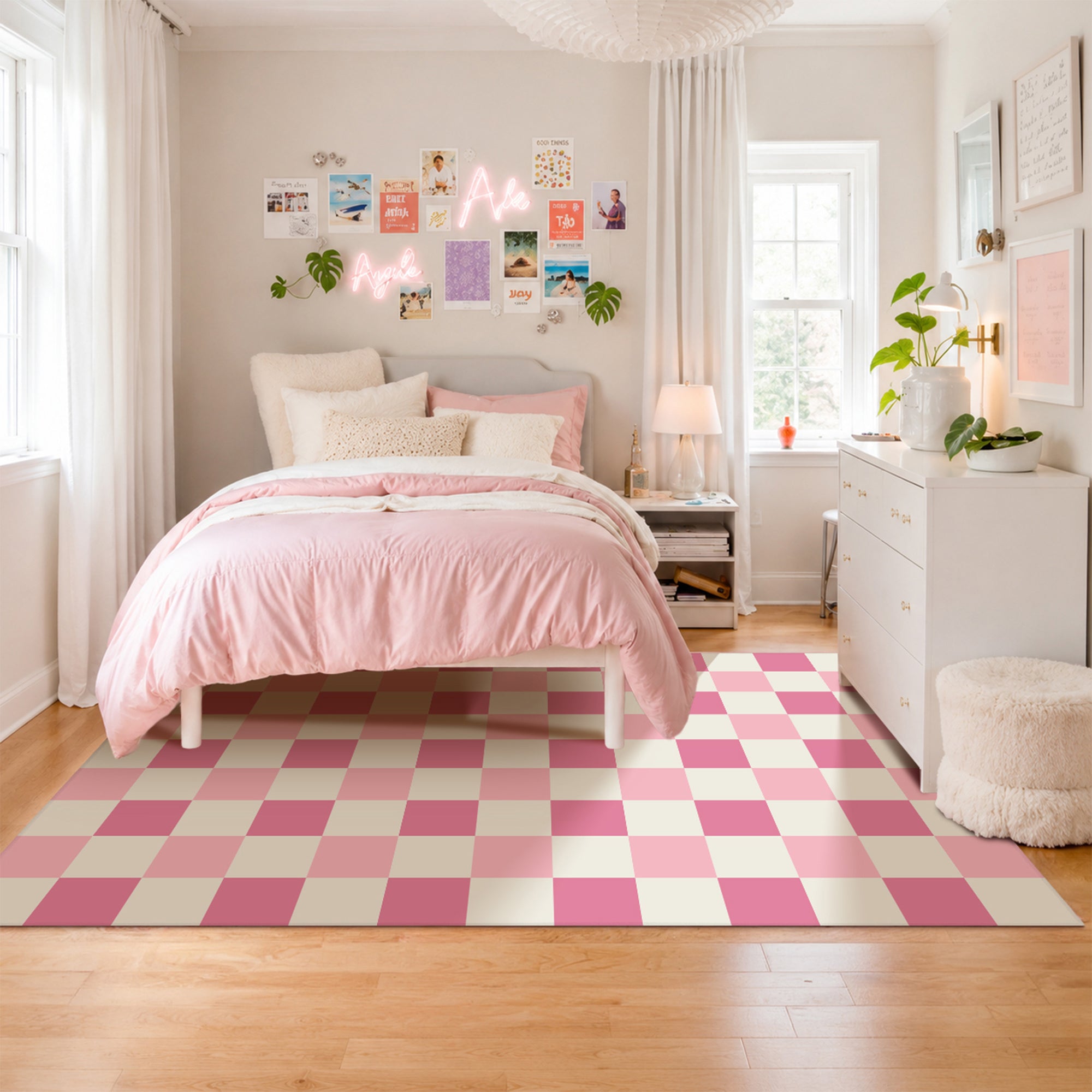 Checkered Pink Machine Washable Rug