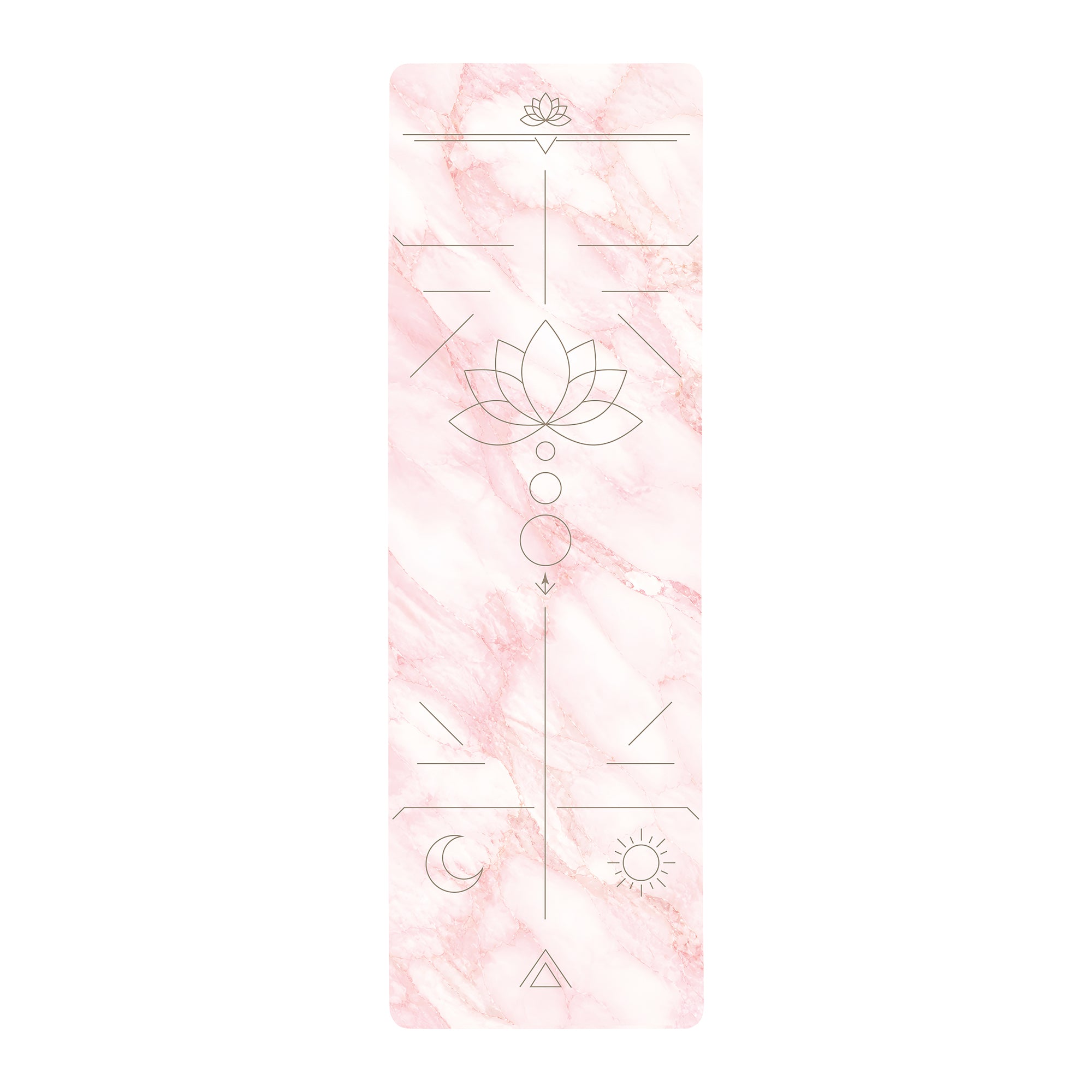 Blush pink marble yoga mat with lotus alignment design, celestial symbols, and anti-fatigue cushioned surface for yoga and Pilates.
