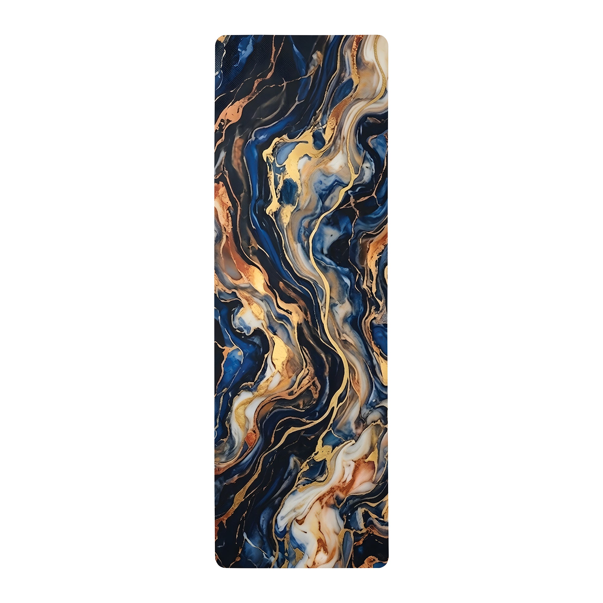Midnight blue marble yoga mat with flowing gold abstract accents and cushioned anti-fatigue surface for yoga, Pilates, and meditation.