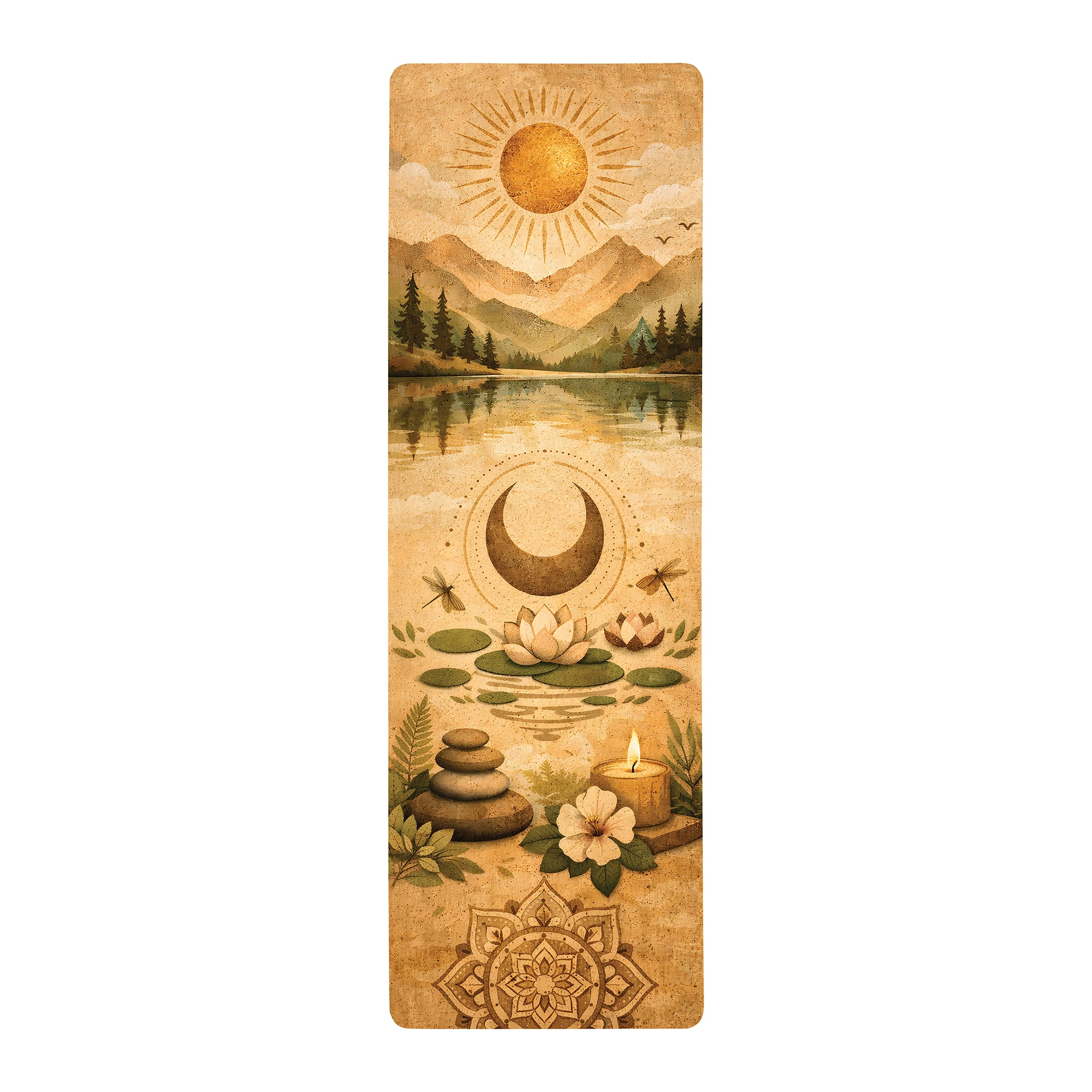 Zen-inspired yoga mat with lotus flowers, moon artwork, mountain lake scenery, and cushioned anti-fatigue surface for yoga and meditation.