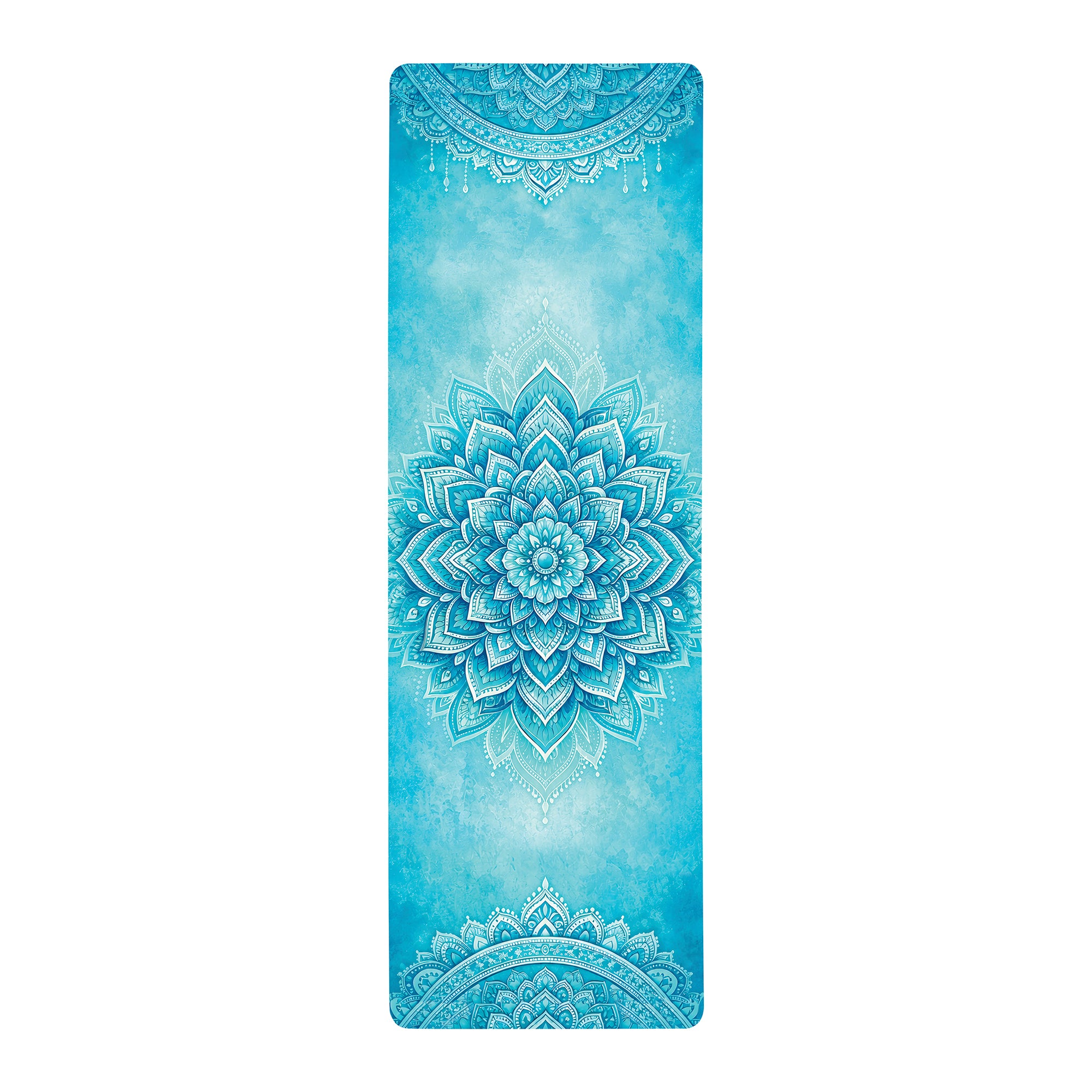Aqua blue mandala yoga mat with intricate meditation-inspired artwork and cushioned anti-fatigue surface for yoga and Pilates.
