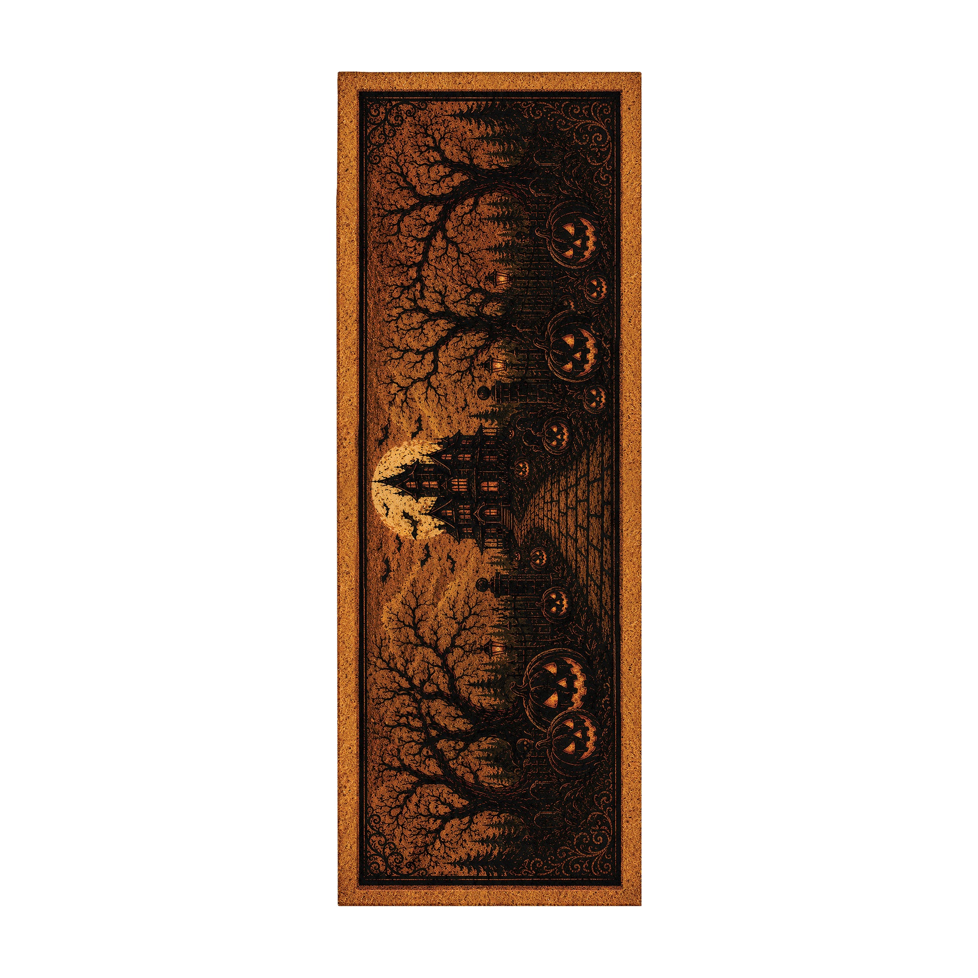 MY MAGIC CARPET Haunted Manor Halloween machine washable runner rug with haunted house, pumpkins, bats and full moon artwork.
