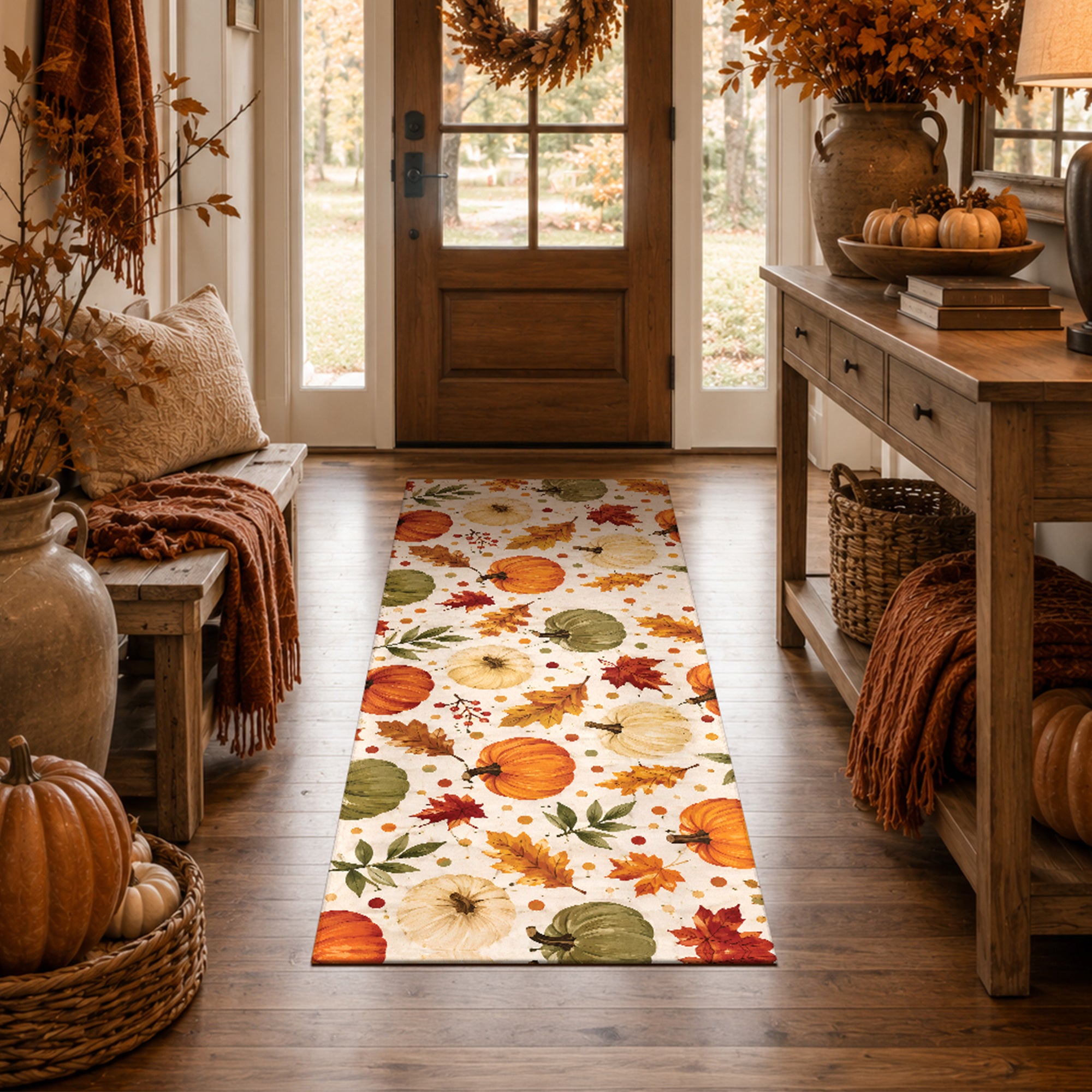 Autumn Pumpkin Botanical Machine Washable Rug