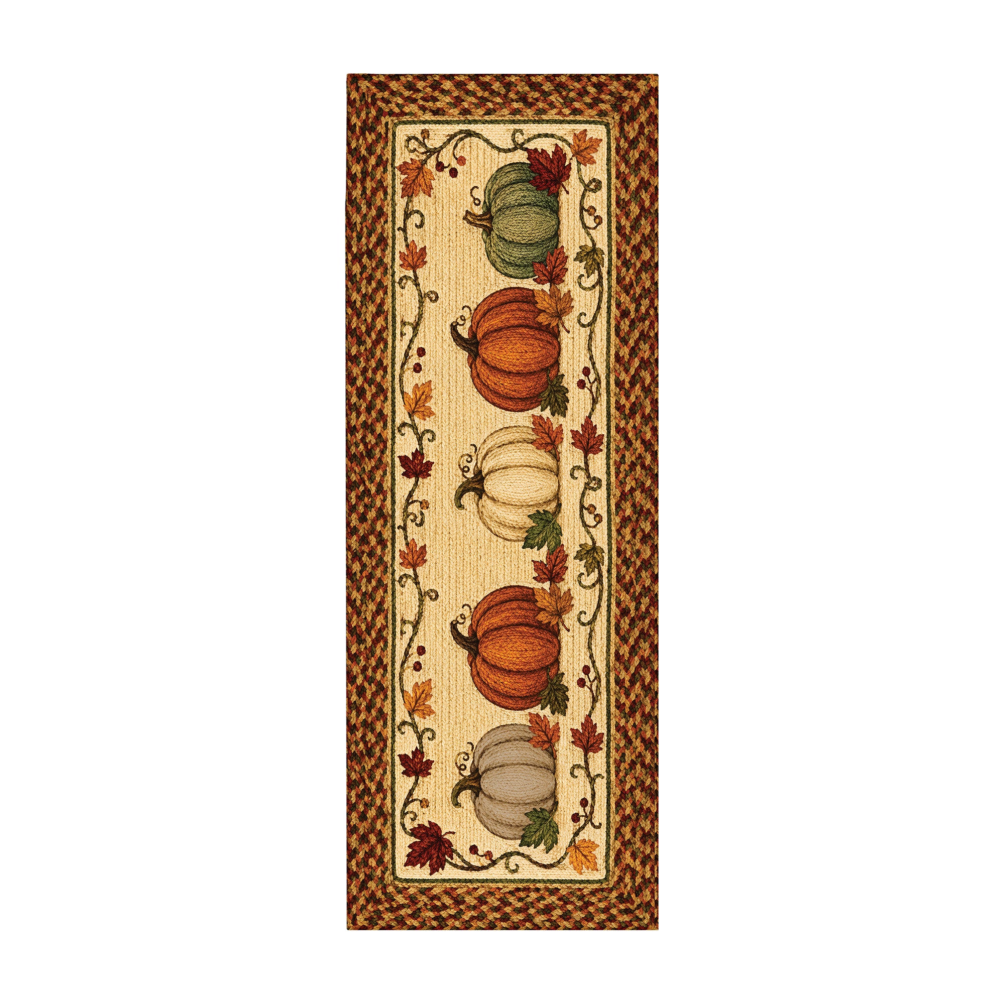 MY MAGIC CARPET Harvest Pumpkin Trio machine washable runner rug with cream, orange and green pumpkins surrounded by autumn leaves and braided border.