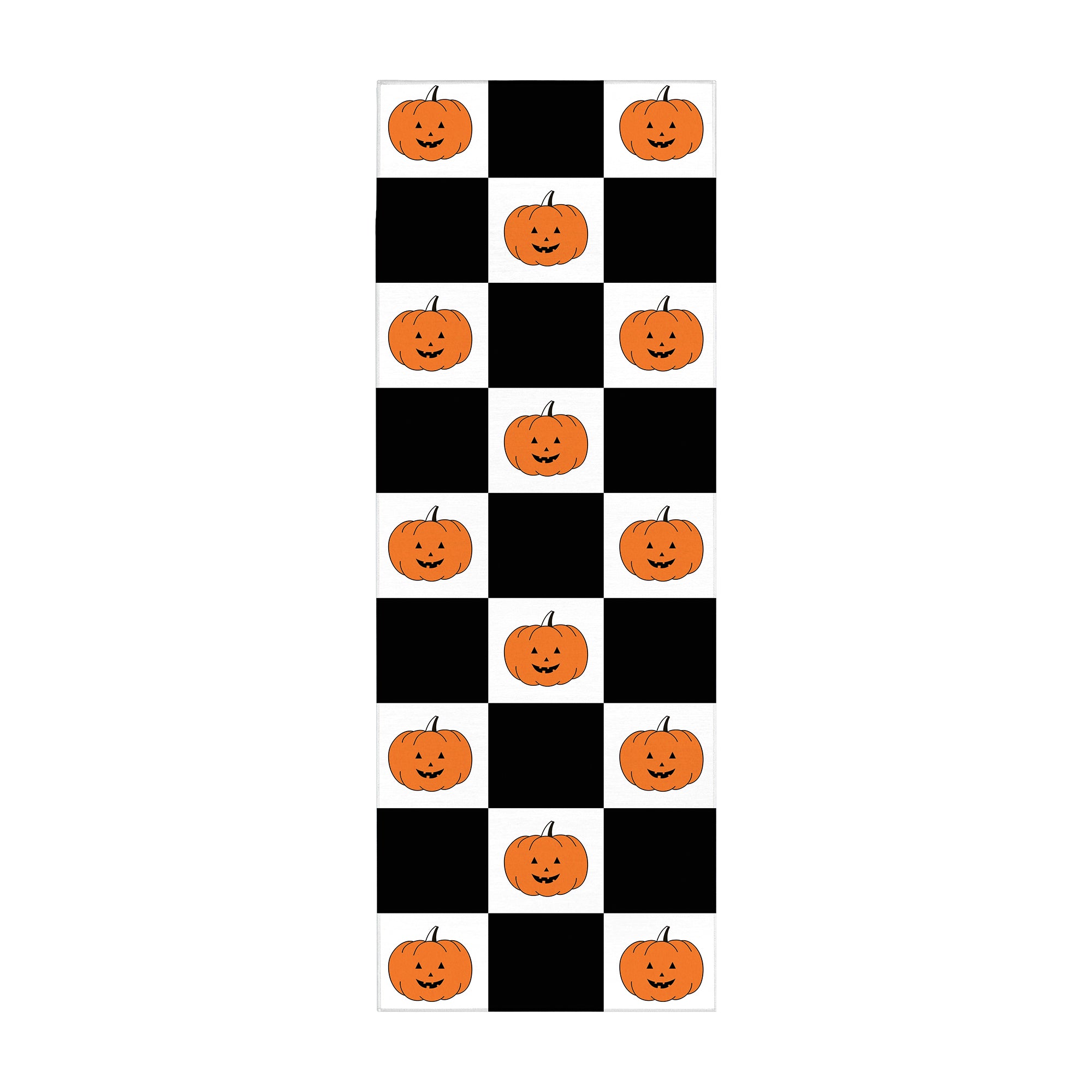 MY MAGIC CARPET Checkered Pumpkins machine washable Halloween runner rug in black white check with orange jack-o-lantern pumpkins for hallway kitchen and entryway.