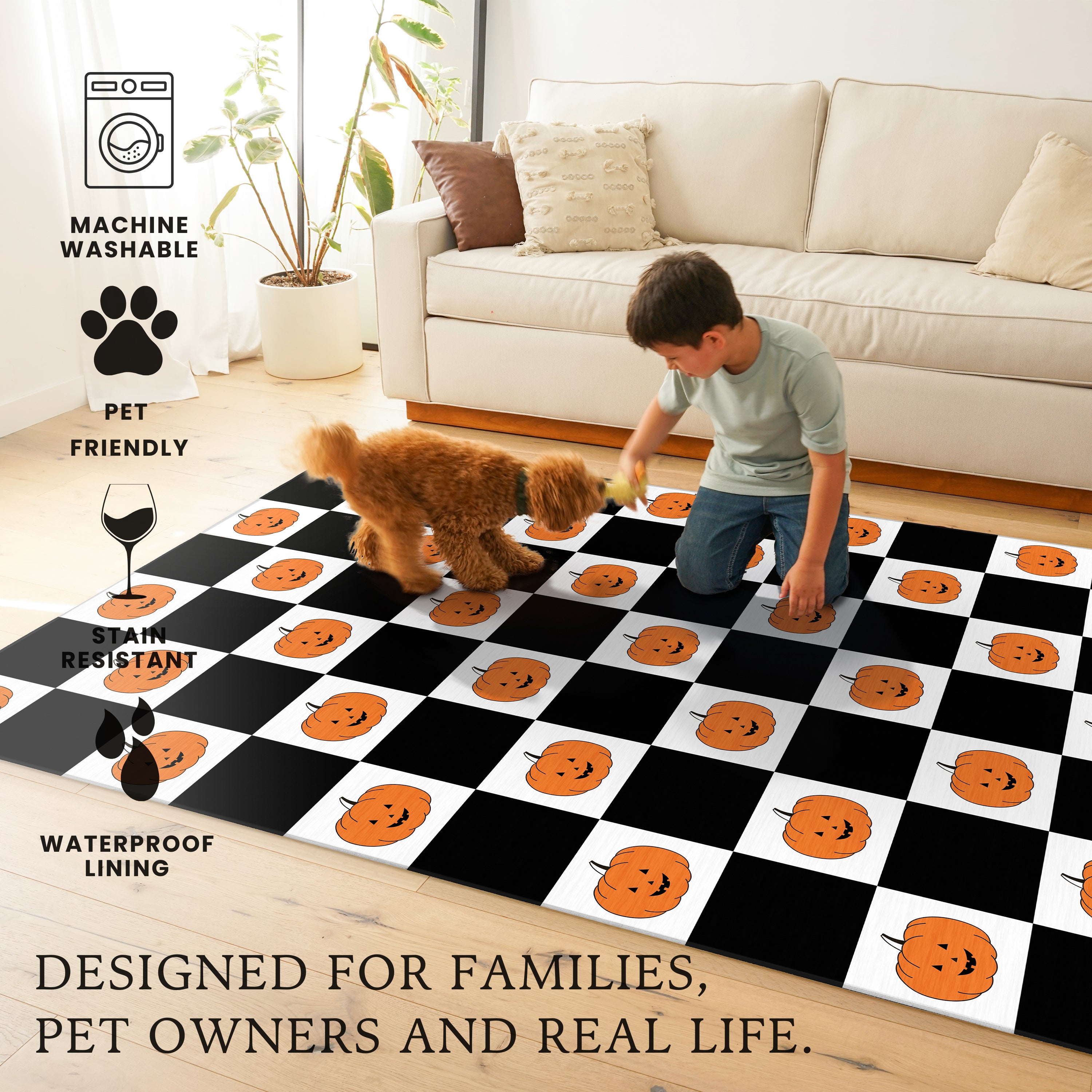 Checkered Pumpkins Halloween Machine Washable Rug