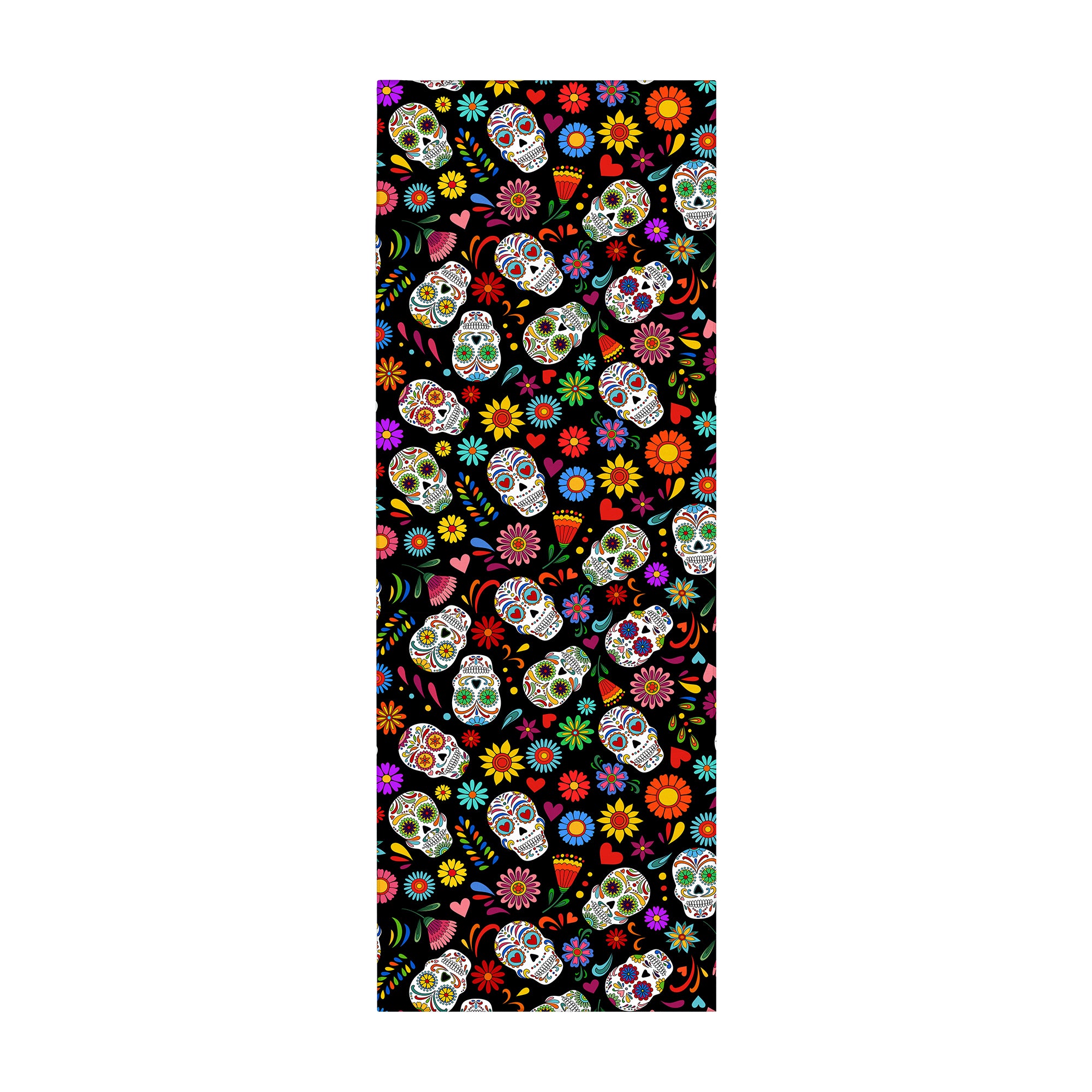 MY MAGIC CARPET Sugar Skull Pattern machine washable runner rug with colorful calavera skulls and floral artwork on a black background.