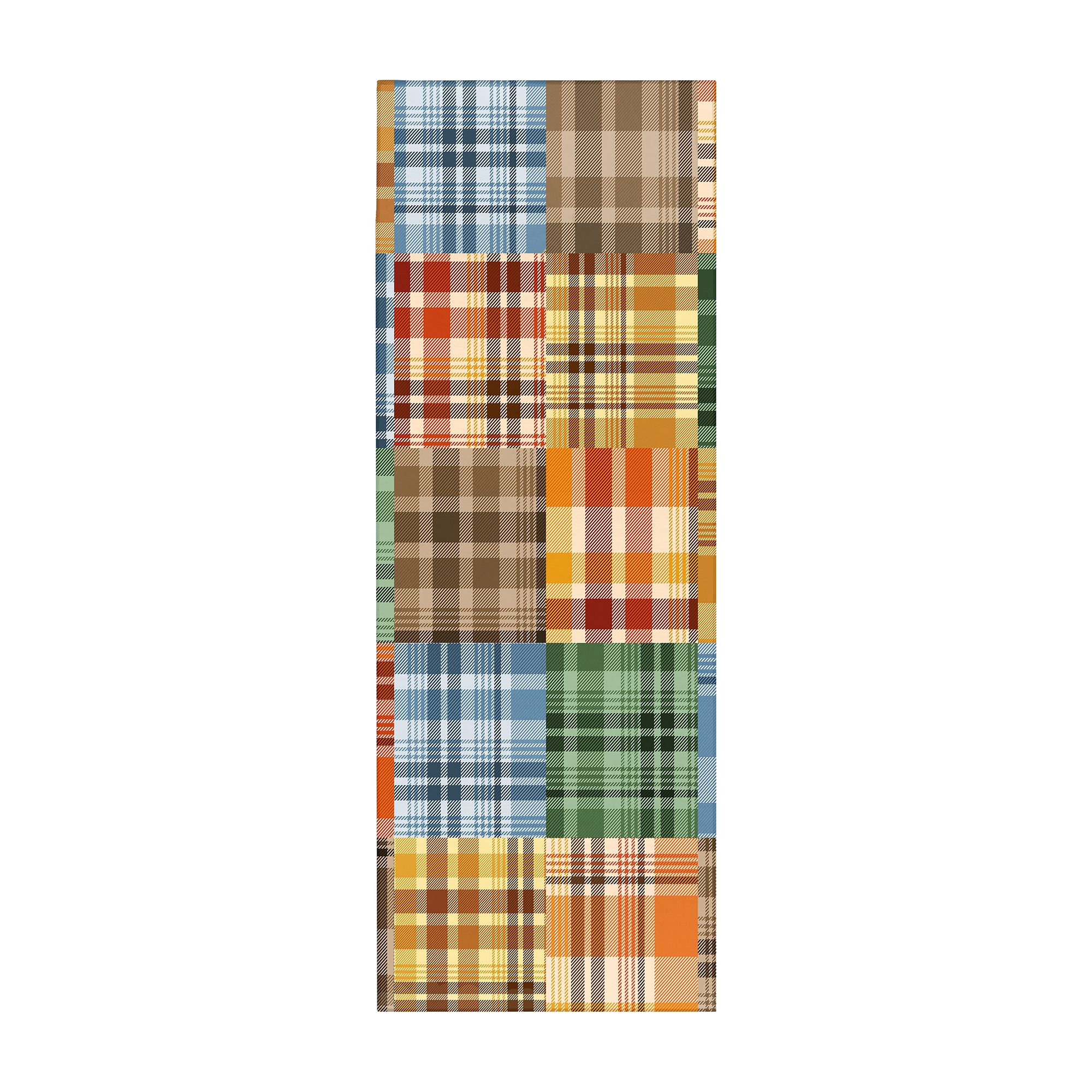 MY MAGIC CARPET Plaid Patchwork machine washable runner rug featuring mixed plaid patterns in blue, green, tan, brown and orange for hallway or kitchen décor.