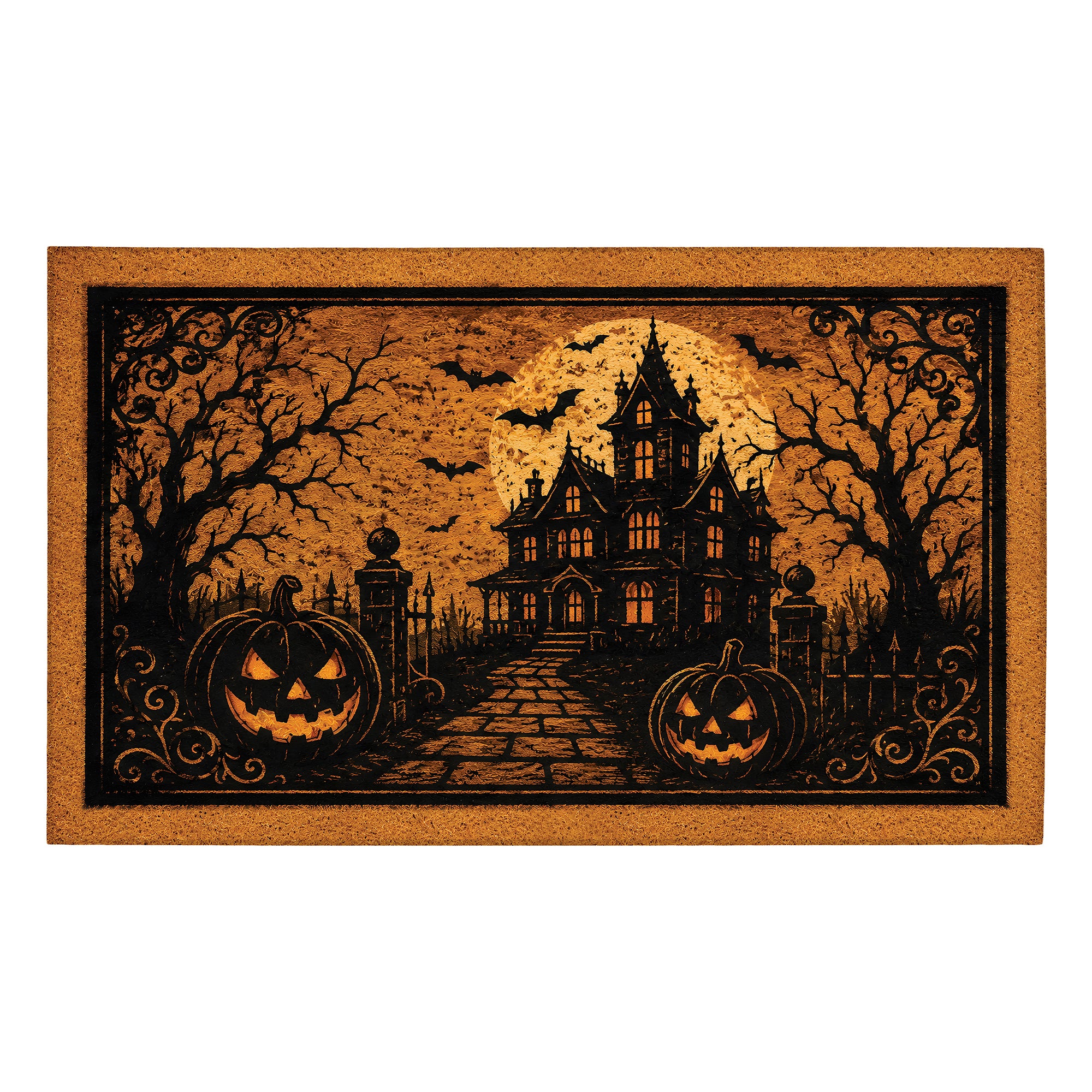 MY MAGIC CARPET Haunted Manor Halloween washable area rug with haunted house, pumpkins and moonlit Halloween scene.