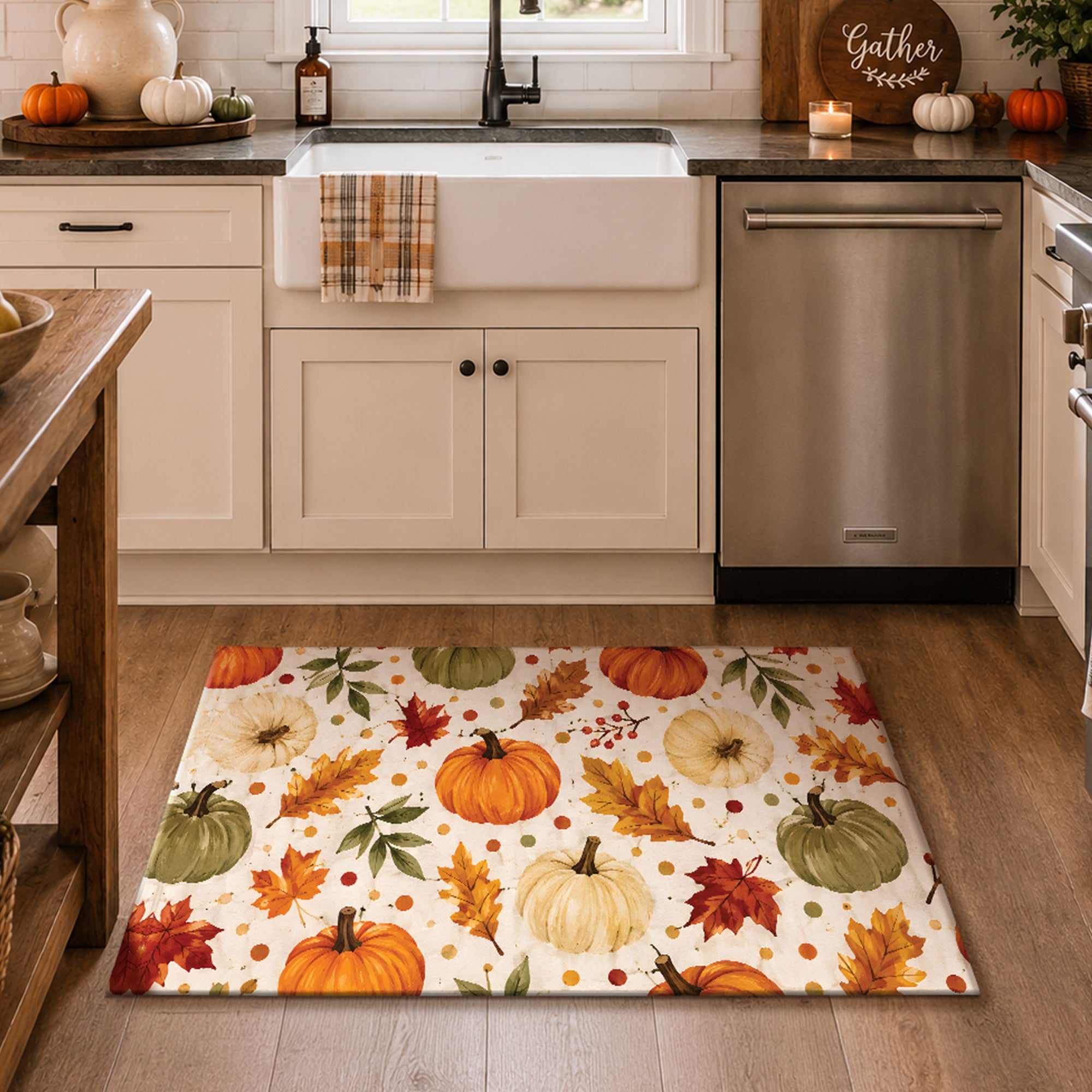 Autumn Pumpkin Botanical Machine Washable Rug