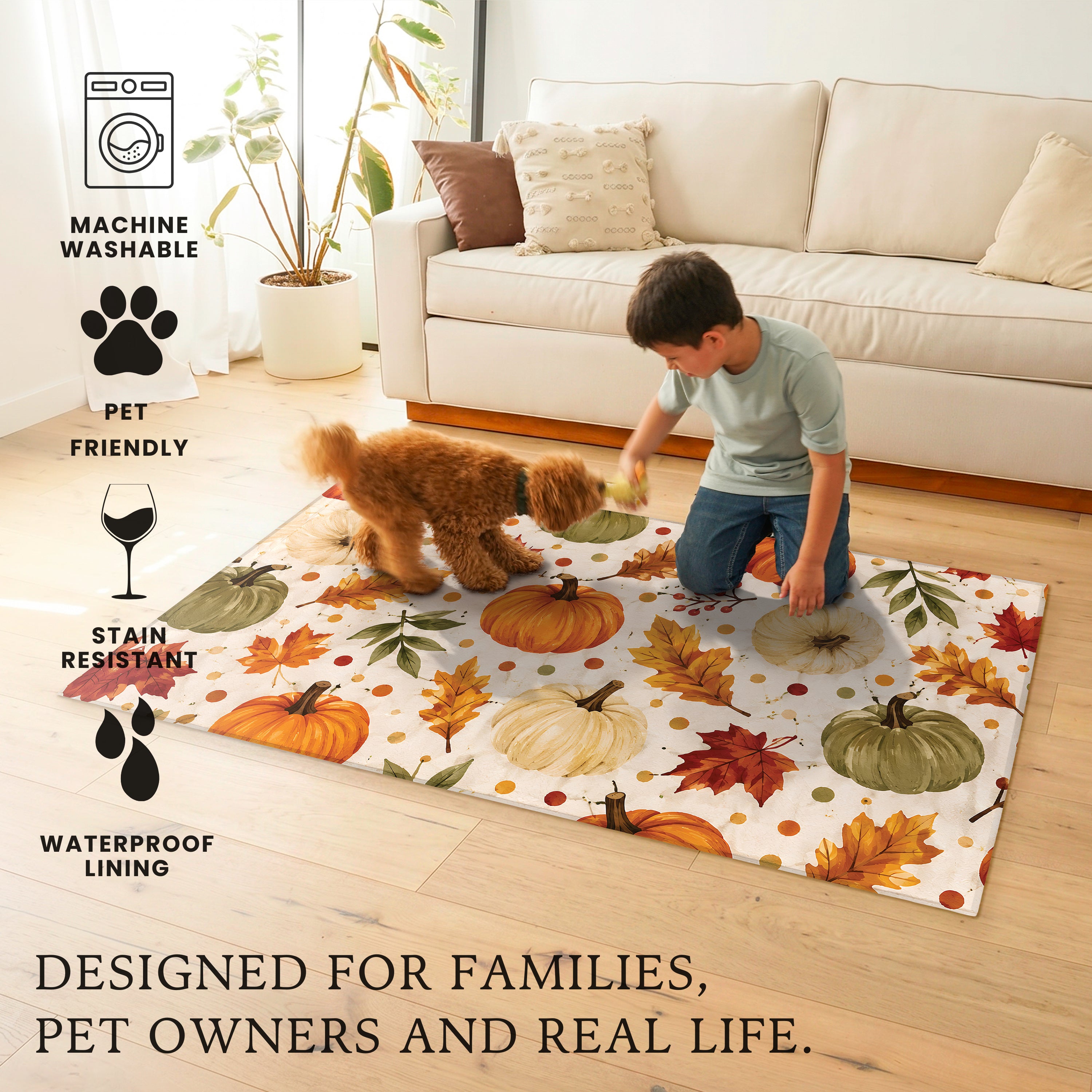 Autumn Pumpkin Botanical Machine Washable Rug