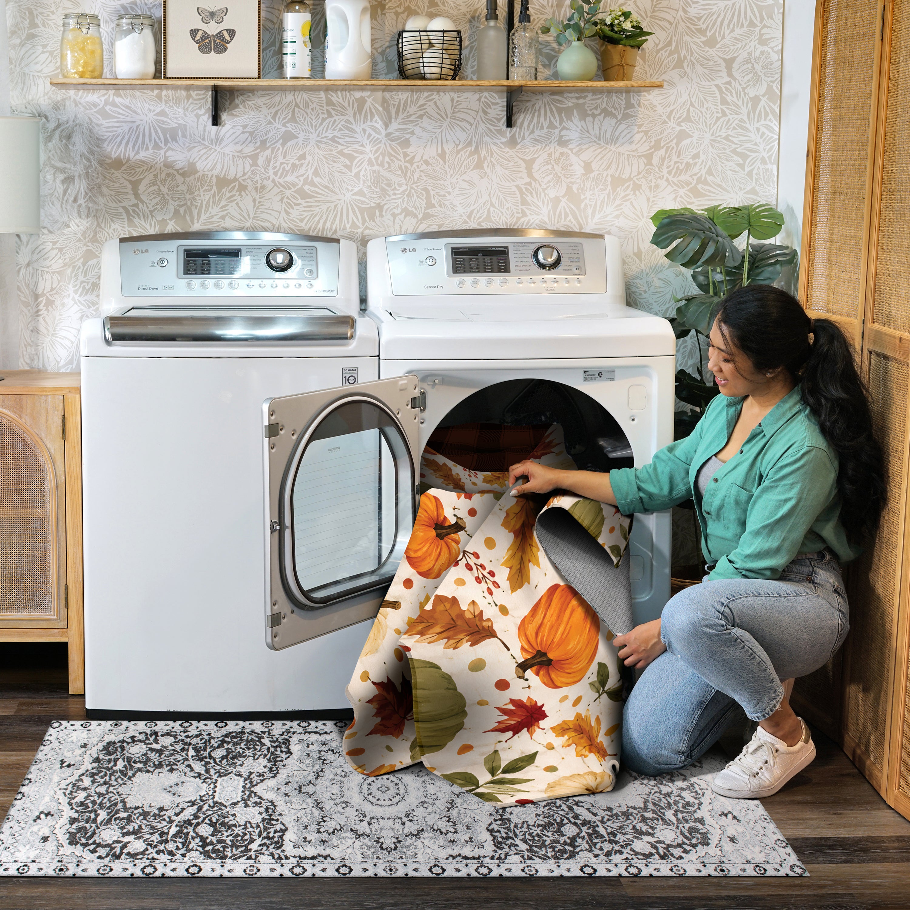 Autumn Pumpkin Botanical Machine Washable Rug