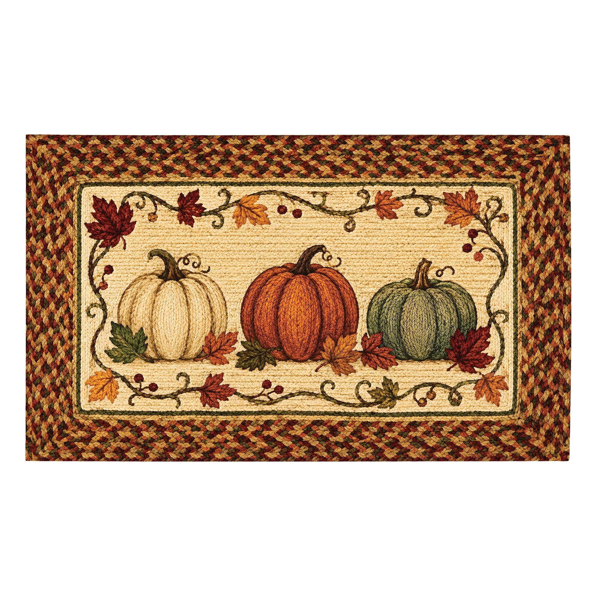 MY MAGIC CARPET Harvest Pumpkin Trio washable area rug featuring cream, orange and green pumpkins with autumn vines and braided border.