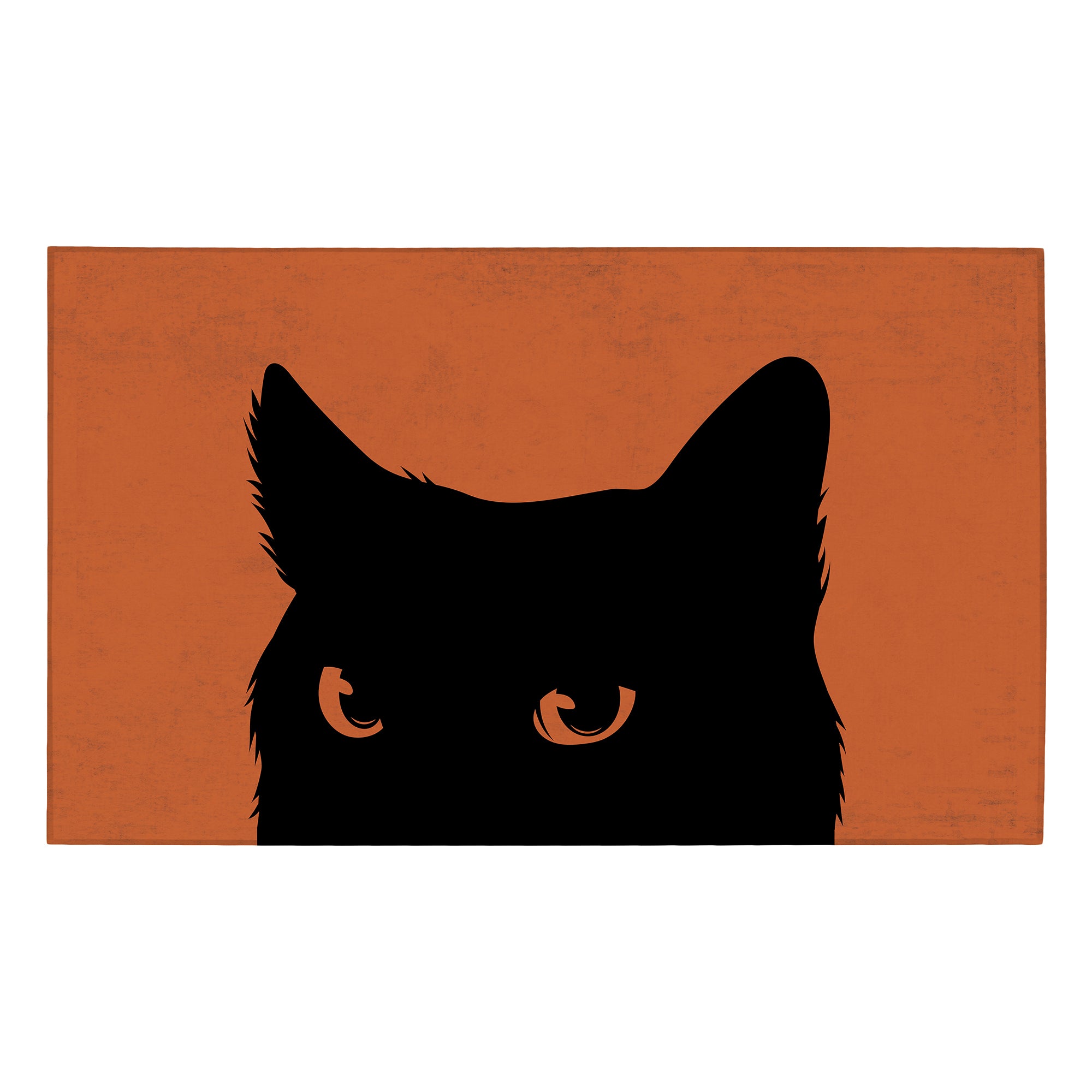 MY MAGIC CARPET washable Black Cat Halloween area rug with orange background and spooky cat silhouette for living room or bedroom.