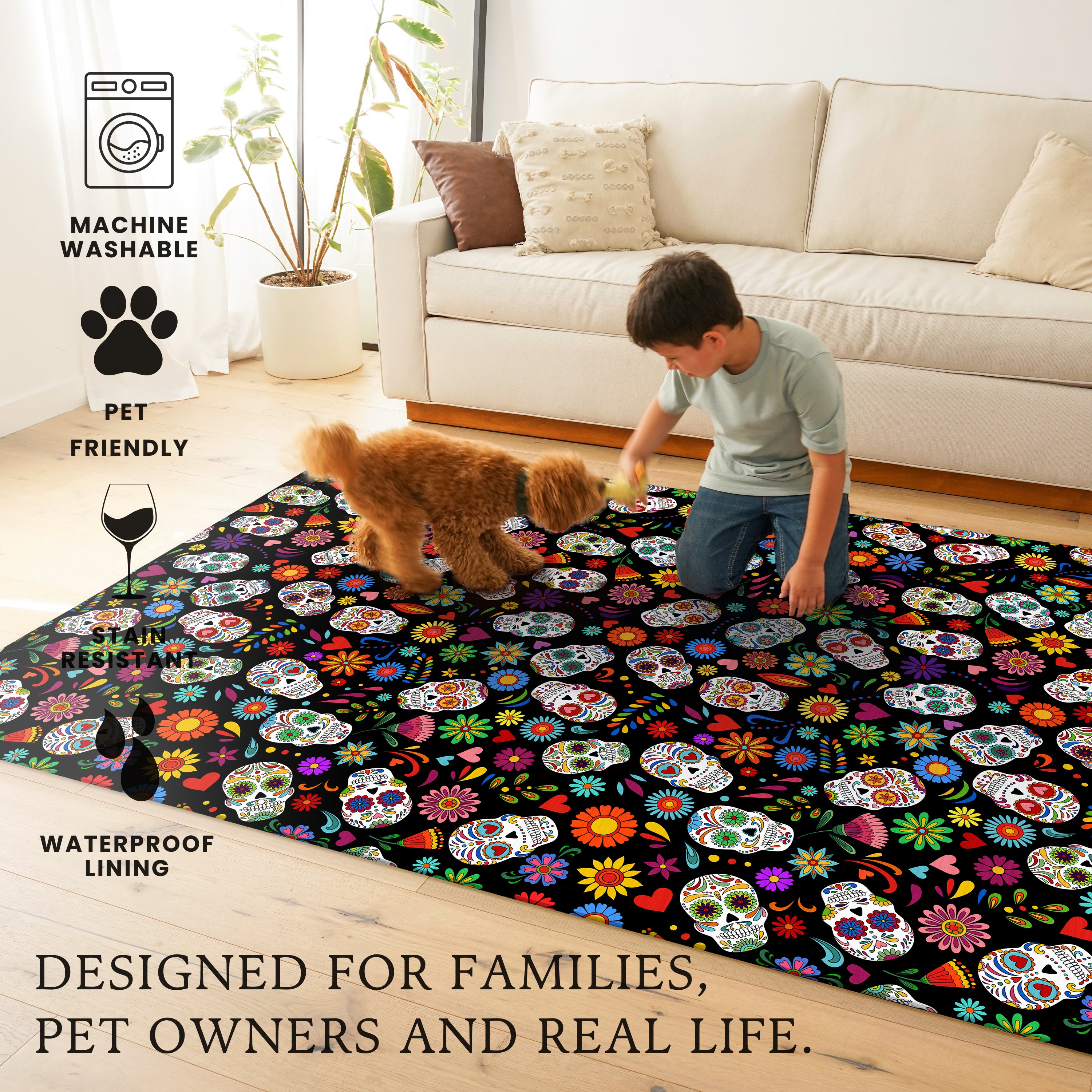 Sugar Skull Pattern Machine Washable Rug