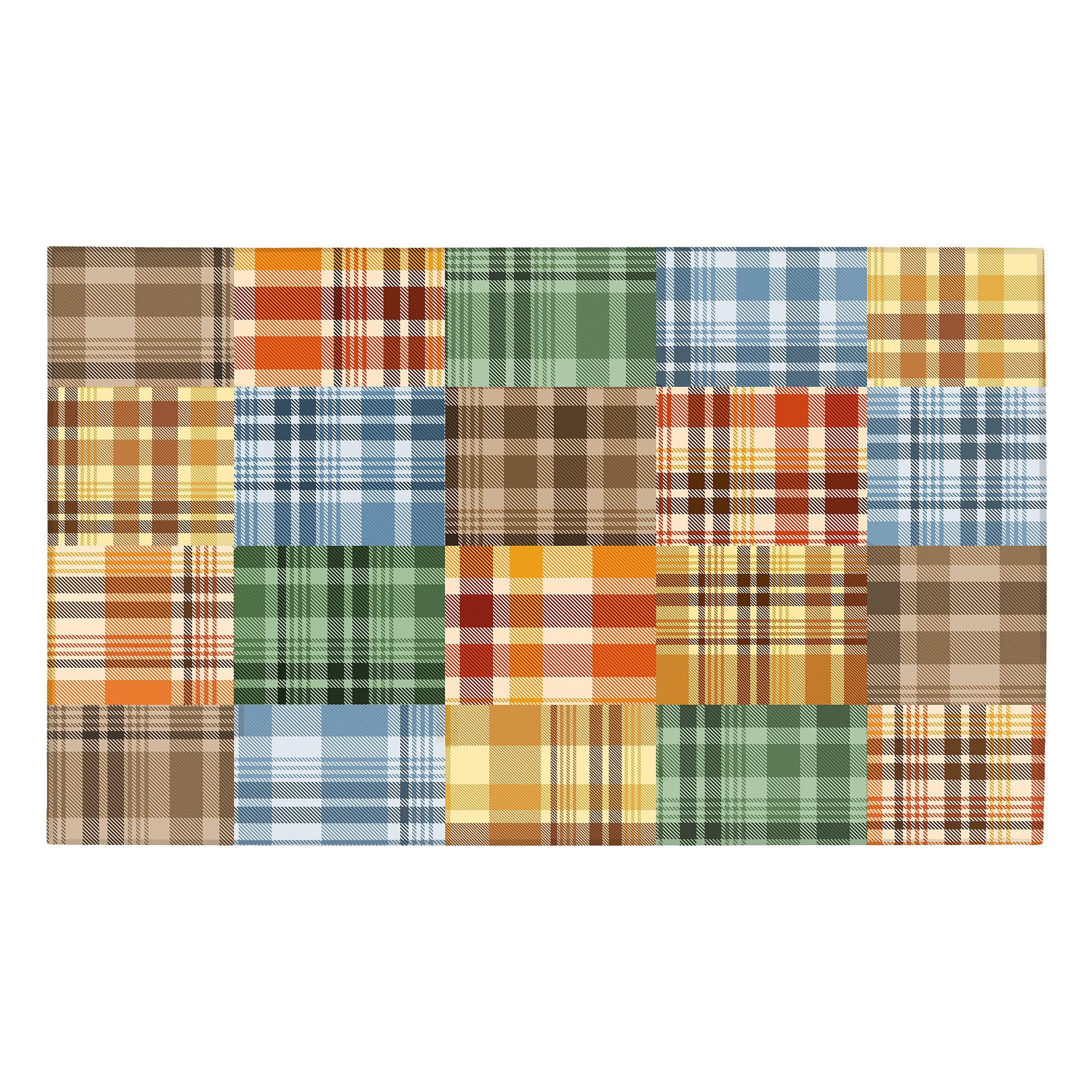 MY MAGIC CARPET Plaid Patchwork washable area rug with colorful plaid blocks in blue, green, tan, brown and orange for farmhouse décor.