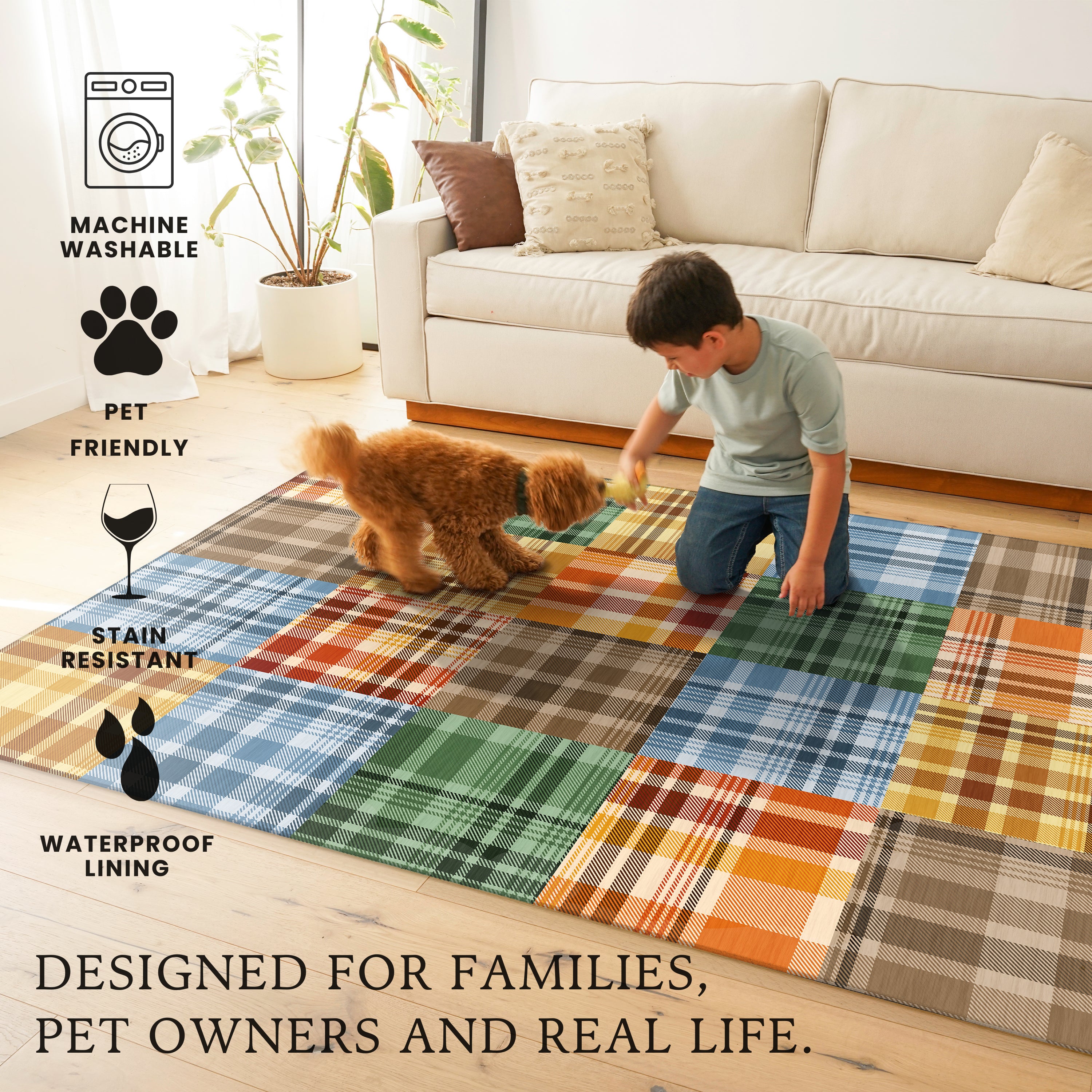 Plaid Patchwork Machine Washable Rug