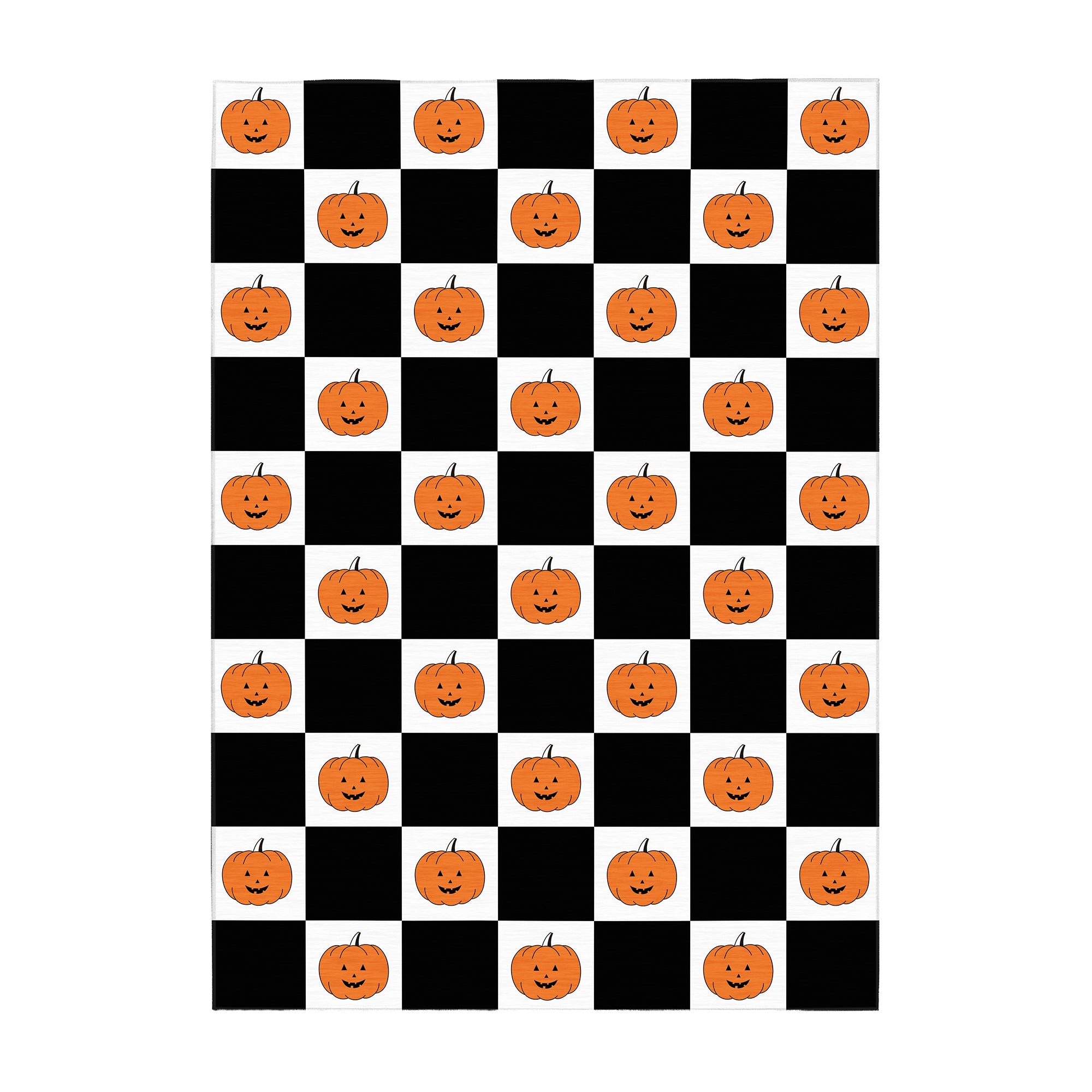Large MY MAGIC CARPET Checkered Pumpkins washable area rug with black white checker pattern and orange pumpkins for living room dining room or family room.