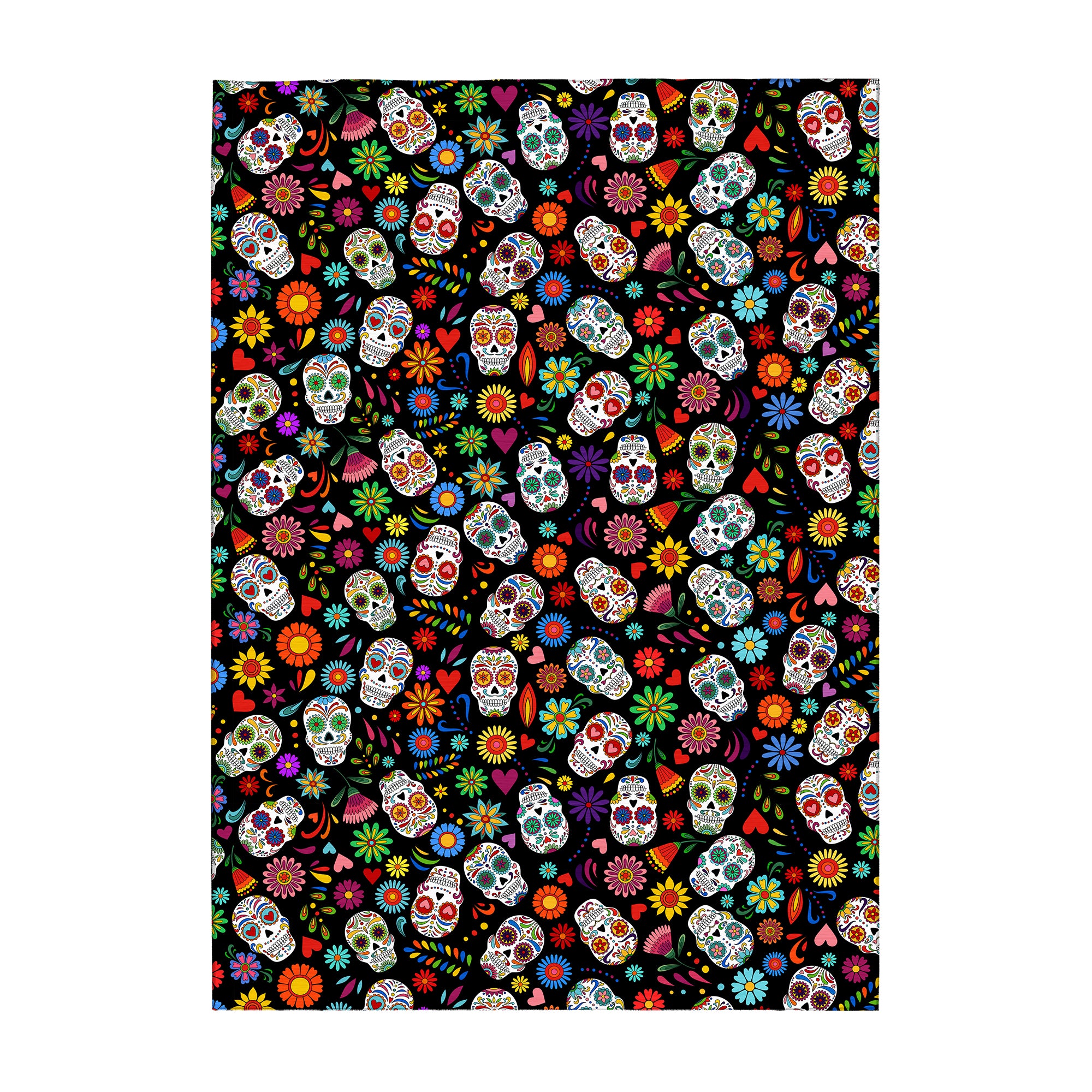 Large MY MAGIC CARPET Sugar Skull Pattern washable area rug with colorful calavera skulls and floral design for living room décor.