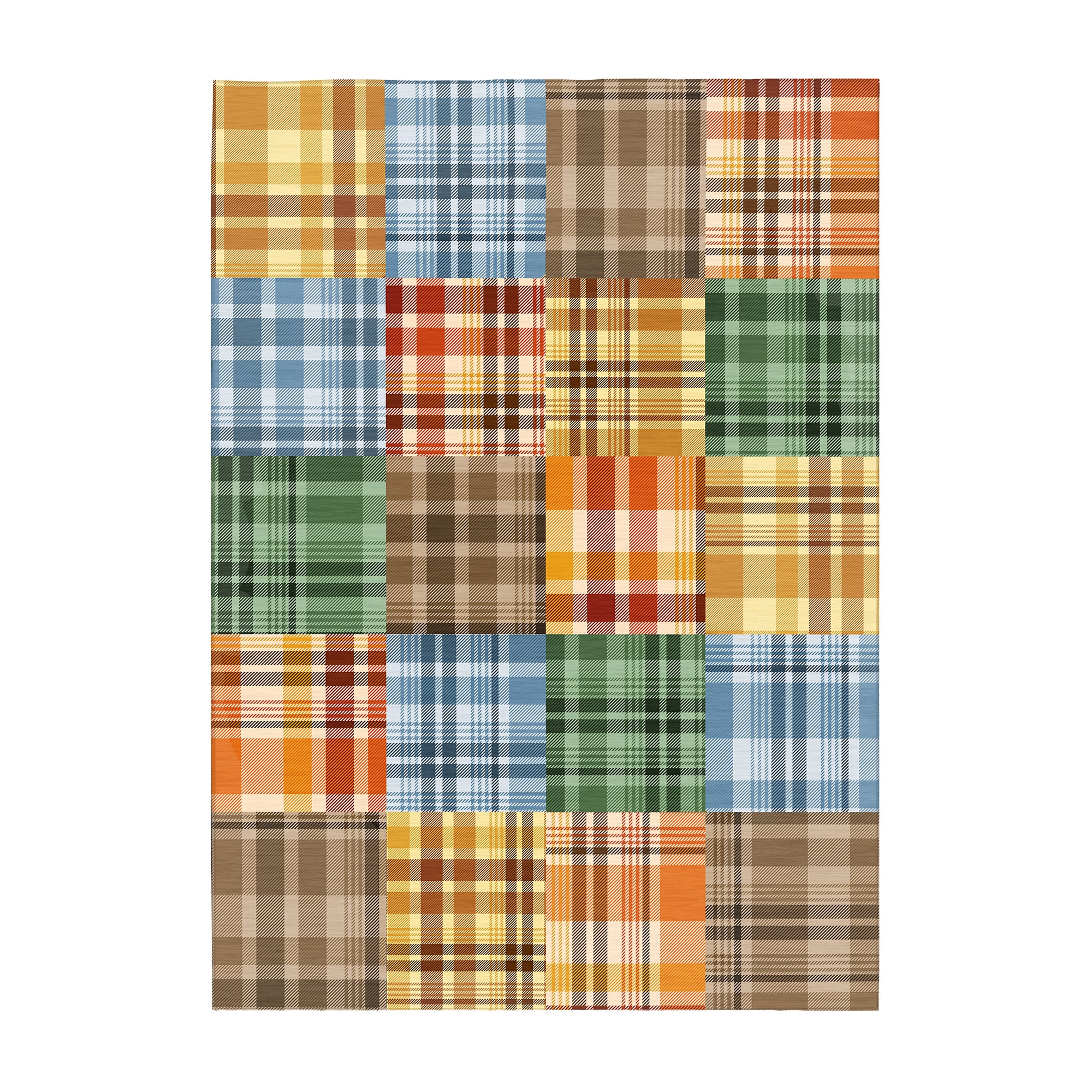 Large MY MAGIC CARPET Plaid Patchwork washable area rug featuring multi-color plaid patchwork for farmhouse living room and dining room décor.