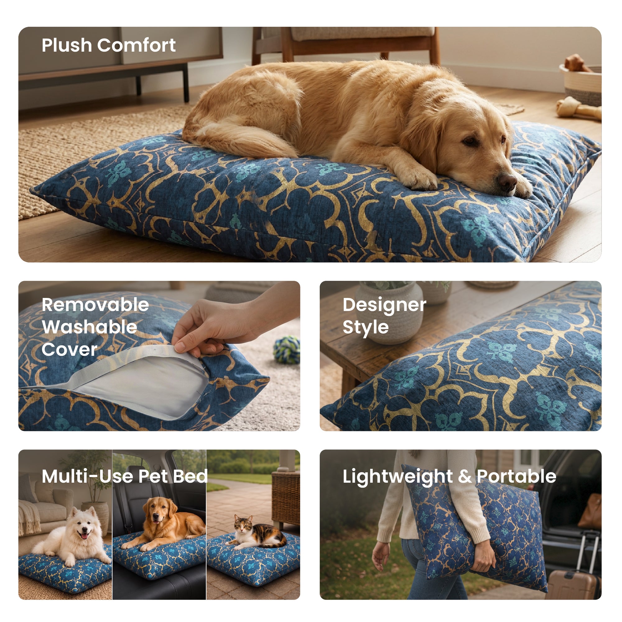 Leilani Damask Blue Doggy Bed Pillow Soft Washable Pet Bed