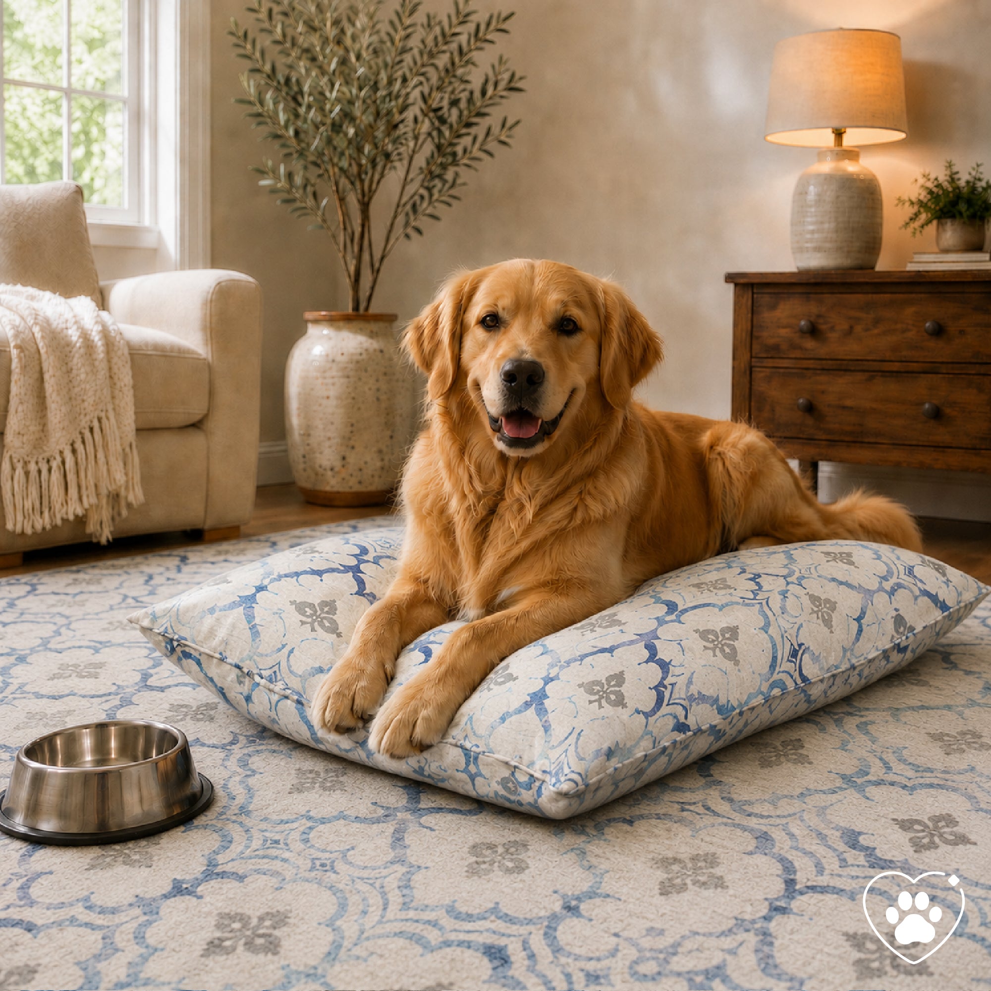 Leilani Damask Beige Blue Doggy Bed Pillow Soft Washable Pet Bed