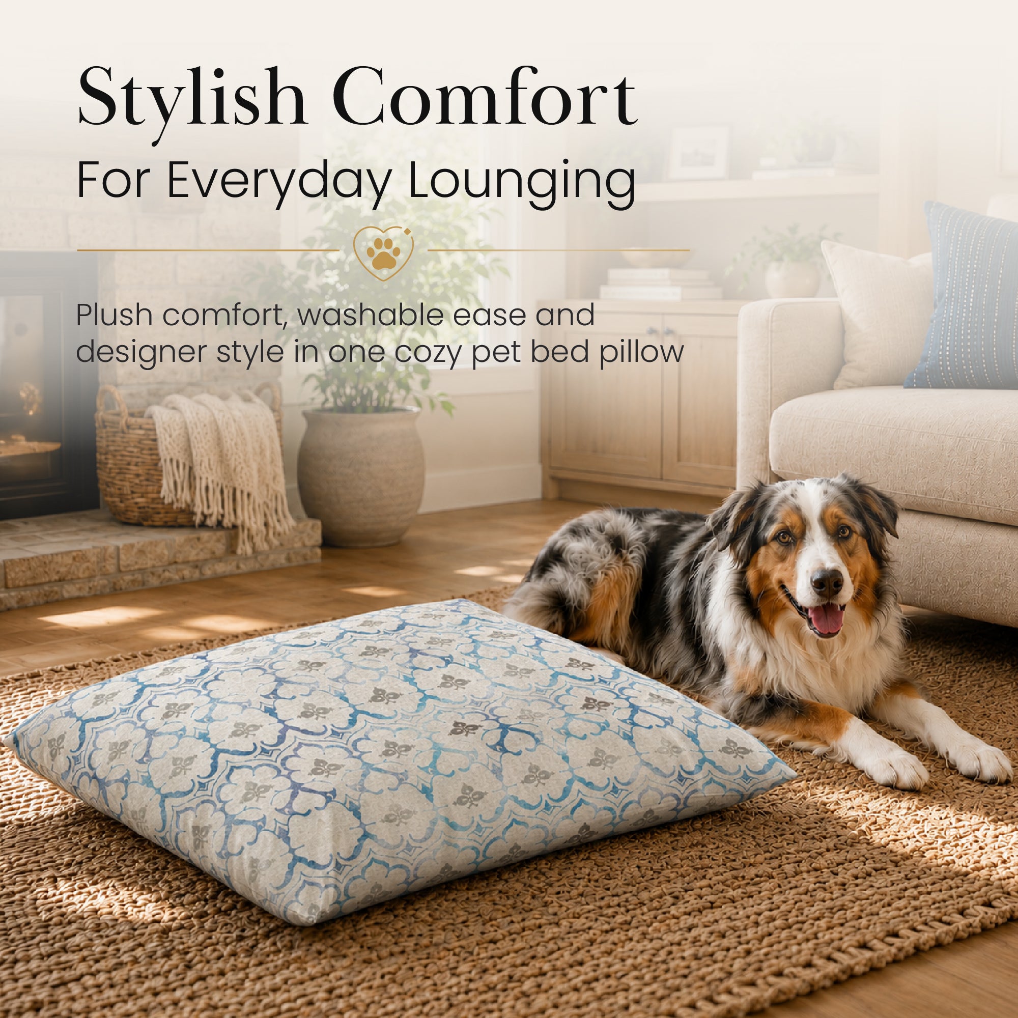 Leilani Damask Beige Blue Doggy Bed Pillow Soft Washable Pet Bed