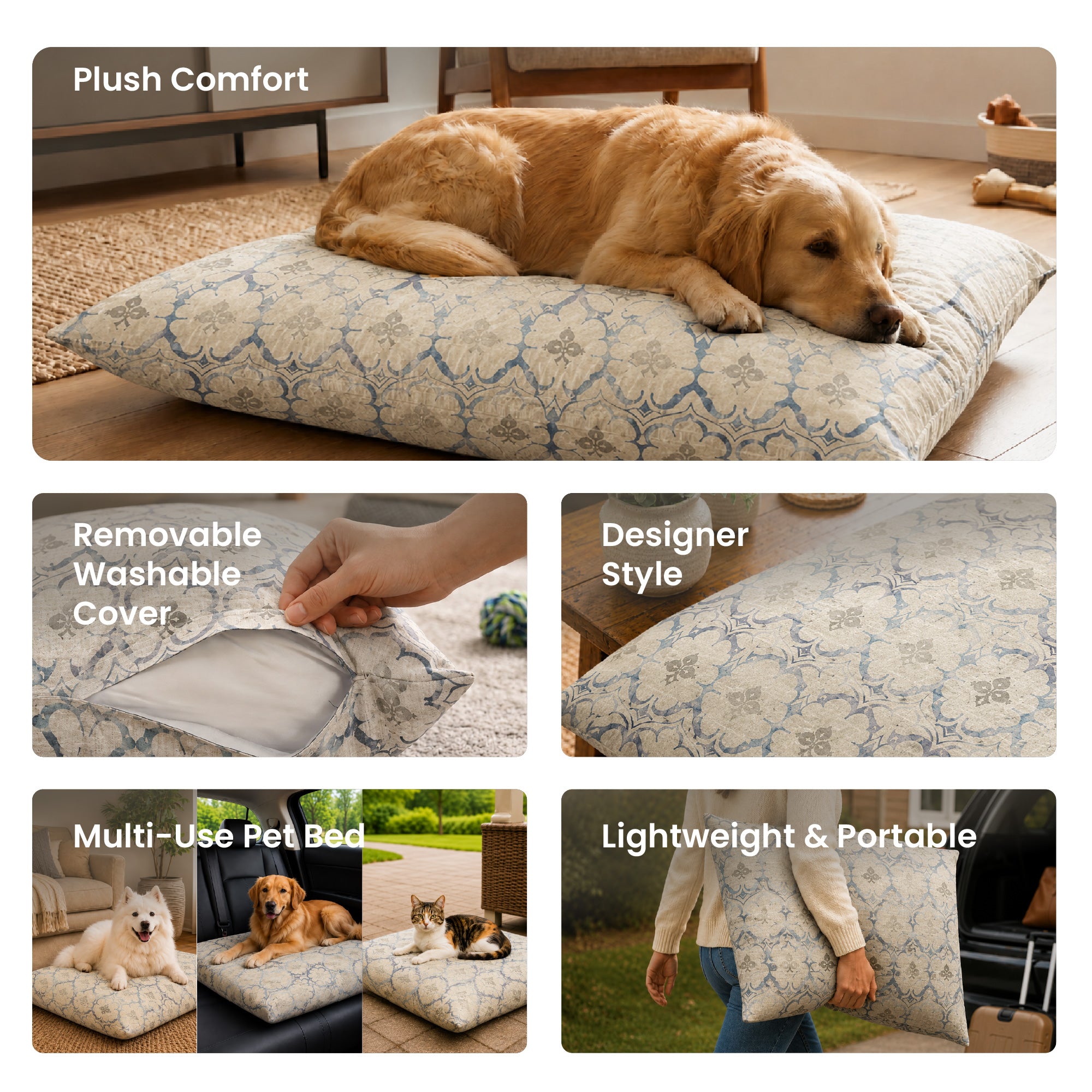 Leilani Damask Beige Blue Doggy Bed Pillow Soft Washable Pet Bed