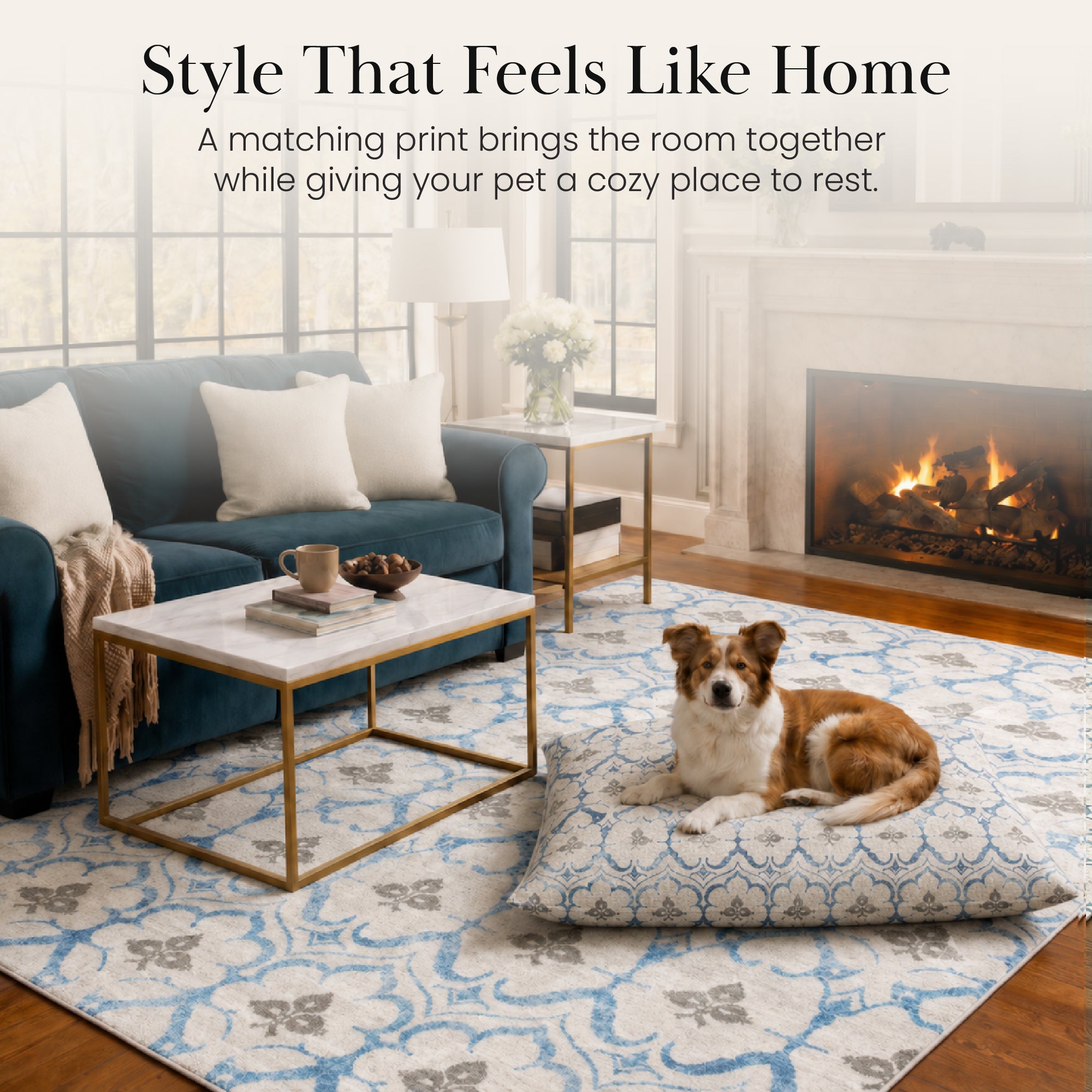 Leilani Damask Beige Blue Doggy Bed Pillow Soft Washable Pet Bed