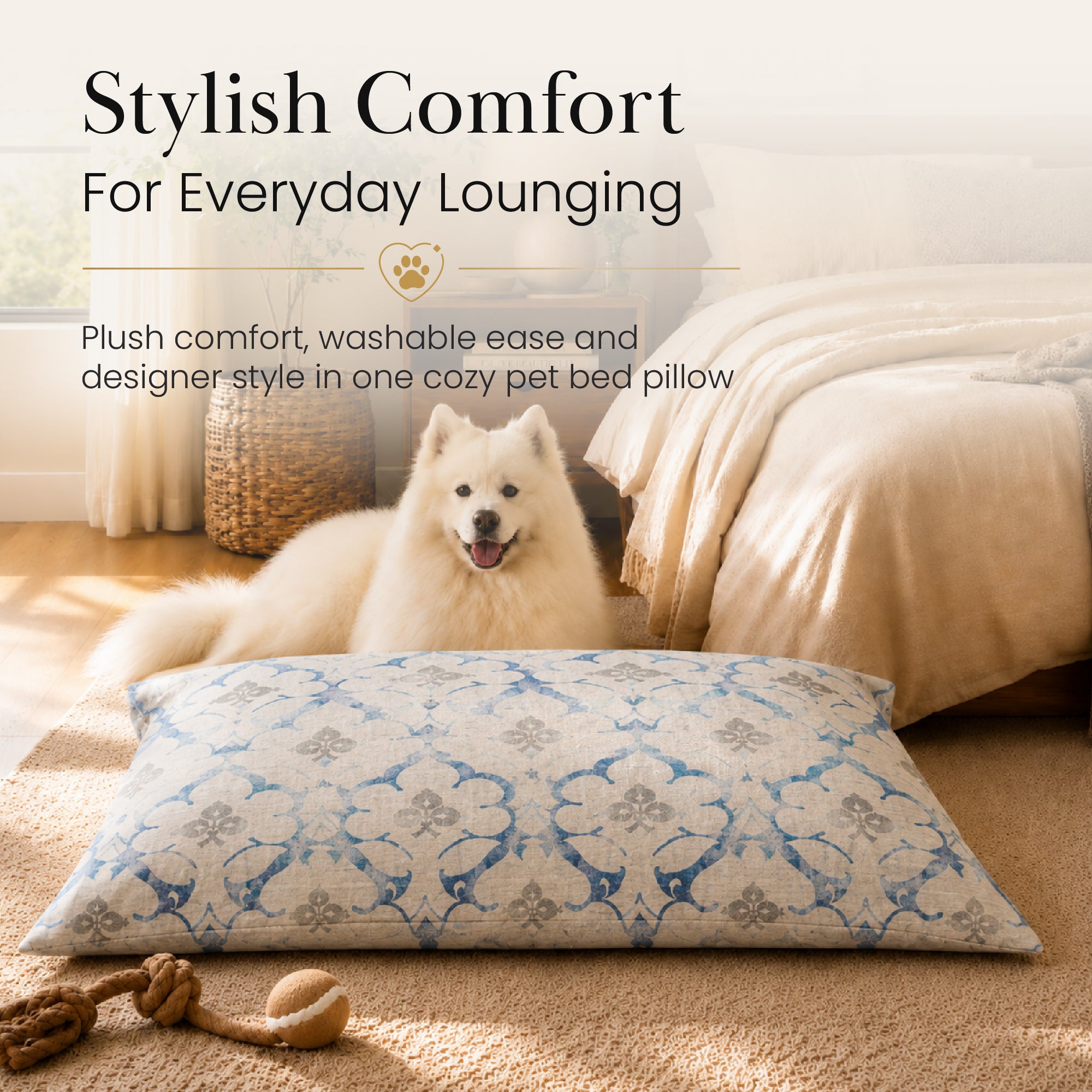 Leilani Damask Beige Blue Doggy Bed Pillow Soft Washable Pet Bed