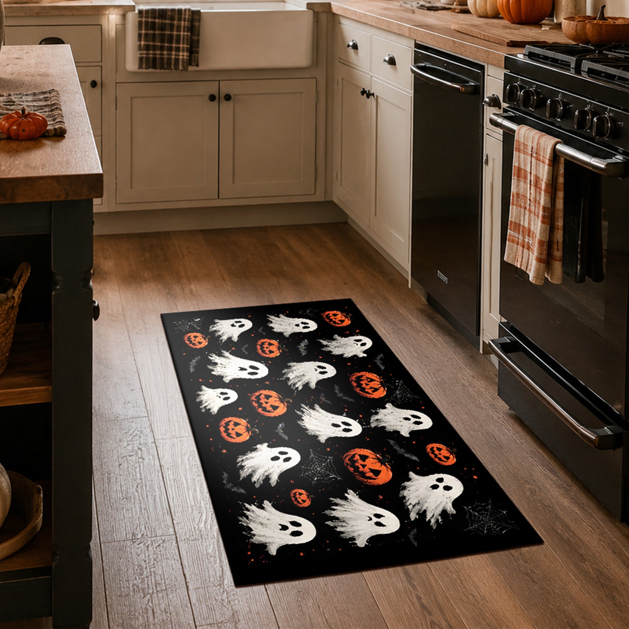 Jack-O-Lantern Ghost Machine Washable Rug