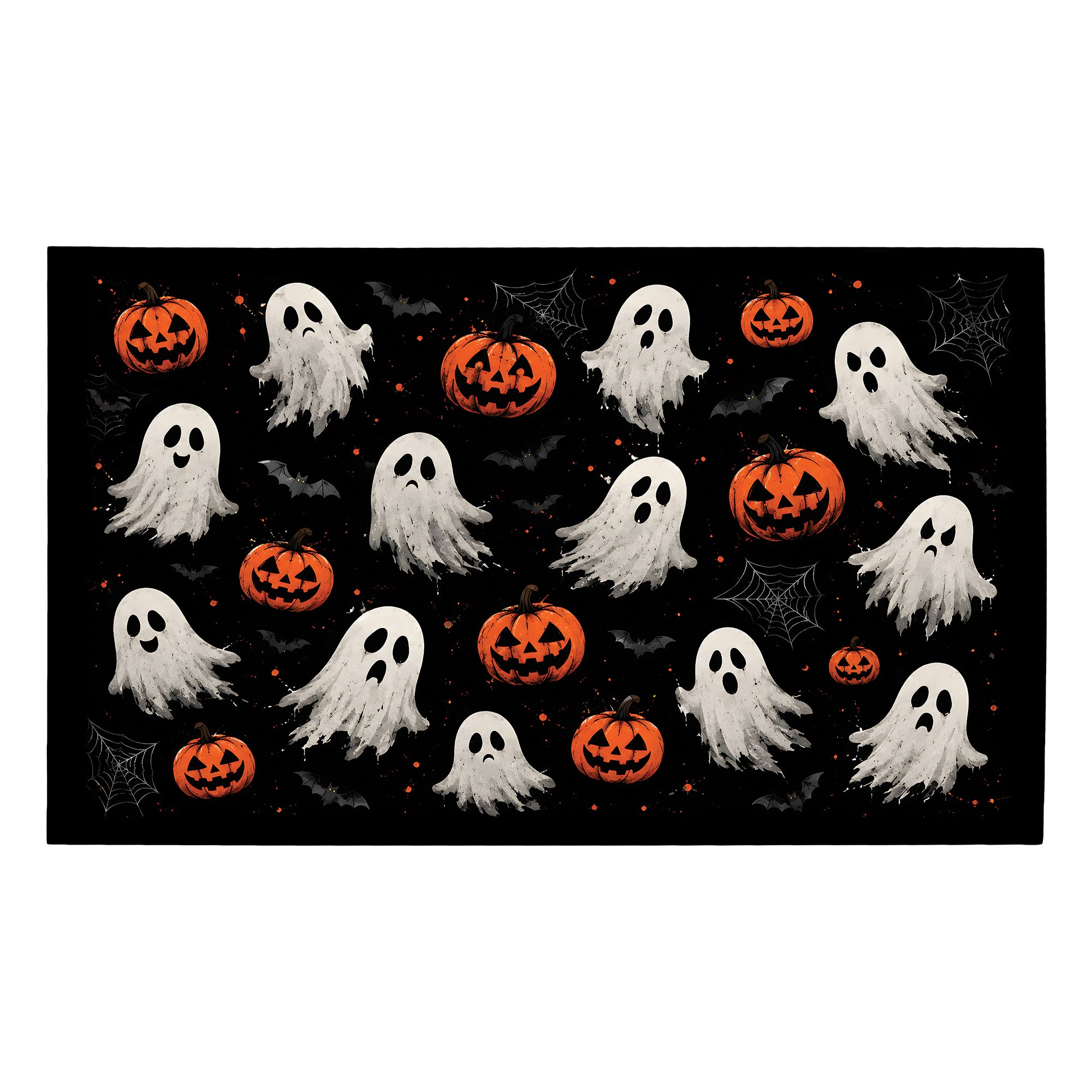 MY MAGIC CARPET Jack-O-Lantern Ghost washable area rug with smiling ghosts, pumpkins and bats for Halloween décor.