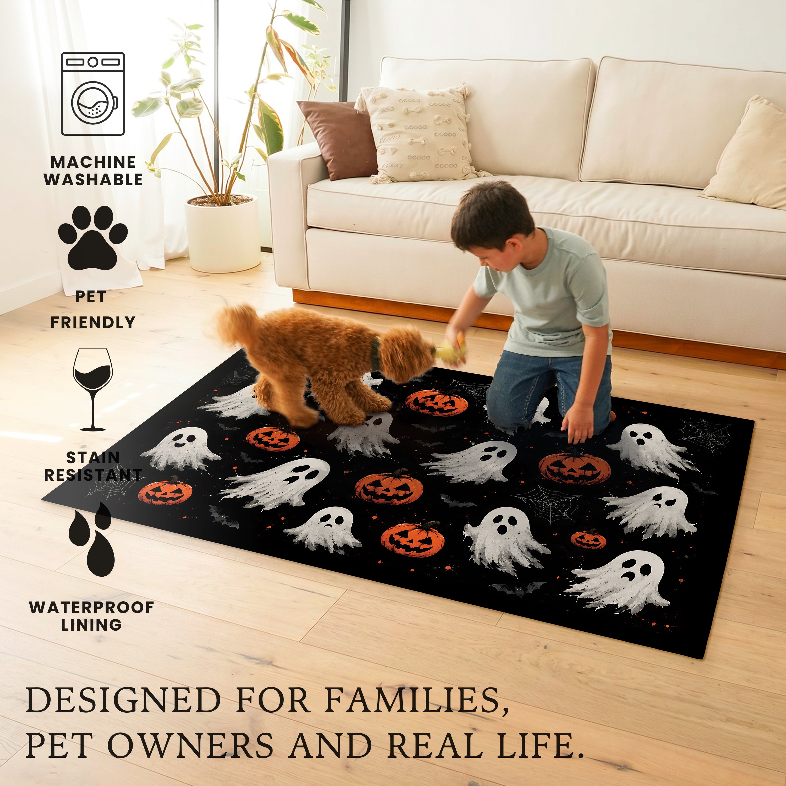 Jack-O-Lantern Ghost Machine Washable Rug