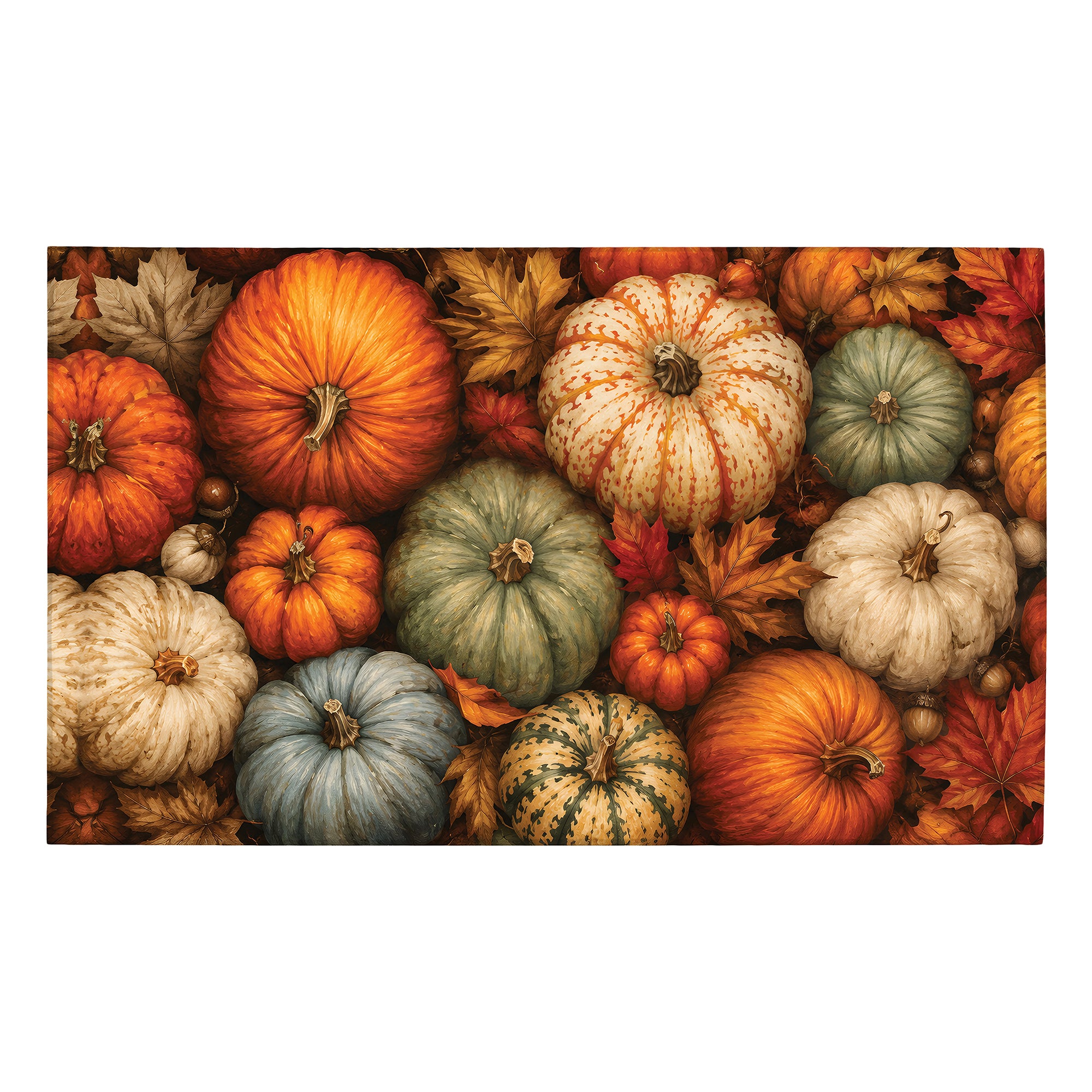 MY MAGIC CARPET Pumpkin Patch Harvest washable area rug with pumpkins and fall foliage for farmhouse home décor.