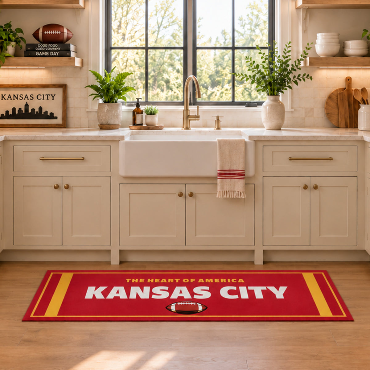 My Magic Carpet 6 x 9 Kansas City football machine washable area rug in red, yellow, black and white, NFL fan room decor with Kansas City Chiefs-inspired skyline and football artwork.