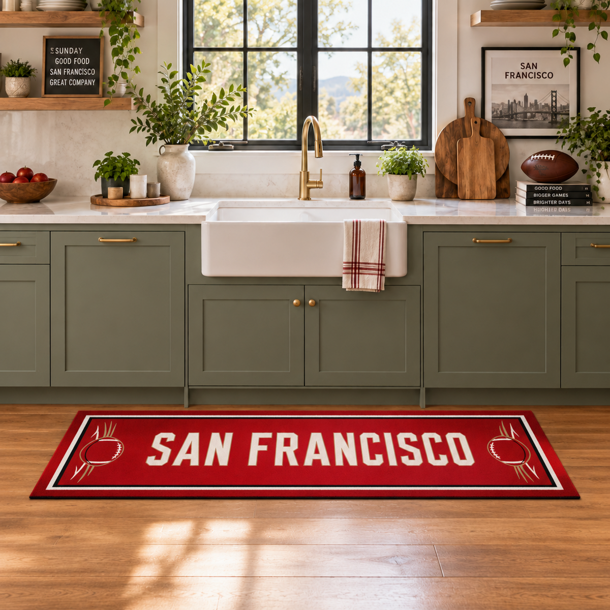 My Magic Carpet 6 x 9 San Francisco football machine washable area rug in red, gold, black and cream, NFL fan room decor with San Francisco 49ers-inspired Golden Gate Bridge, cable car and football artwork.