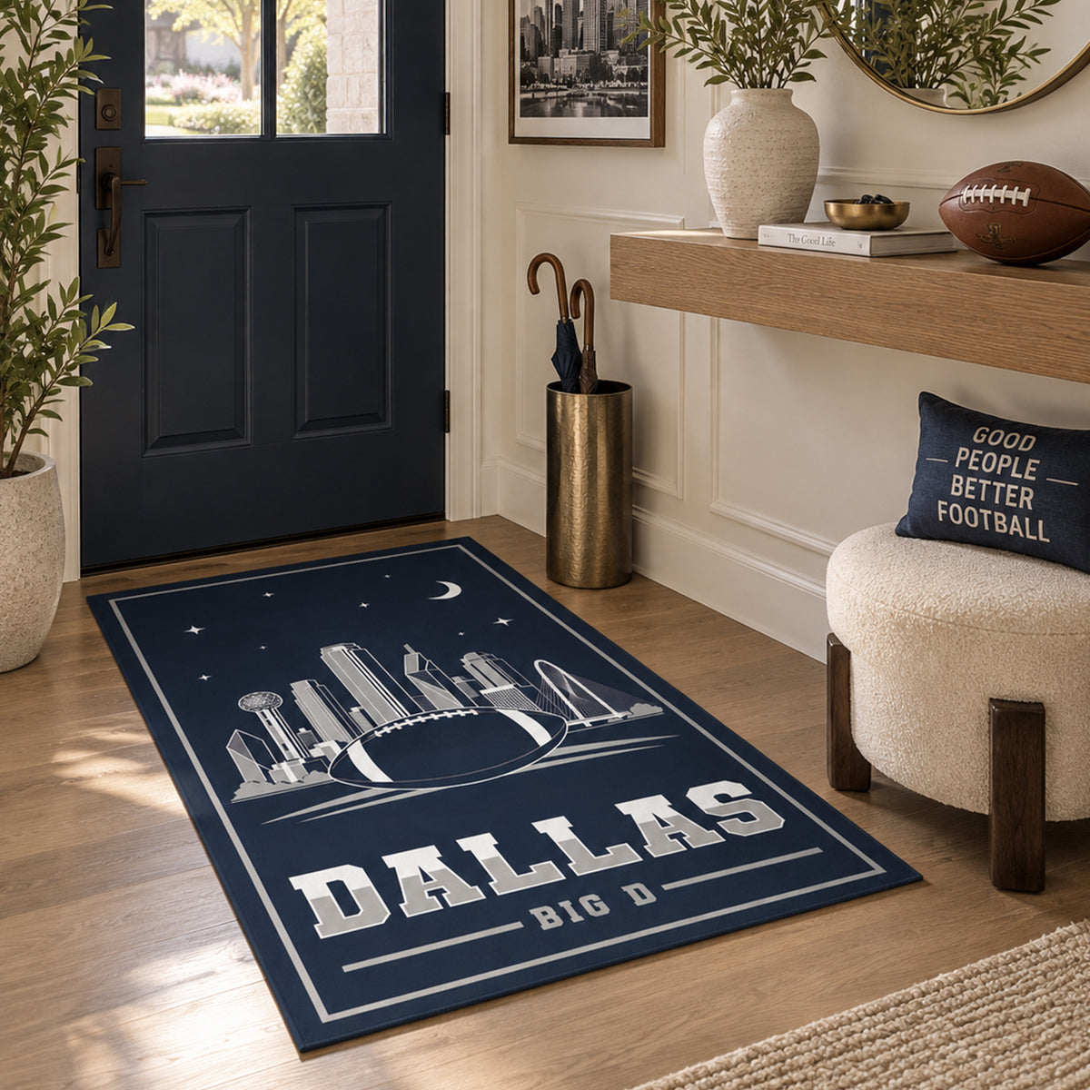 My Magic Carpet 2.5 x 7 Dallas football machine washable runner rug in navy blue, silver, gray and white, NFL fan decor with Dallas Cowboys-inspired skyline and football design.