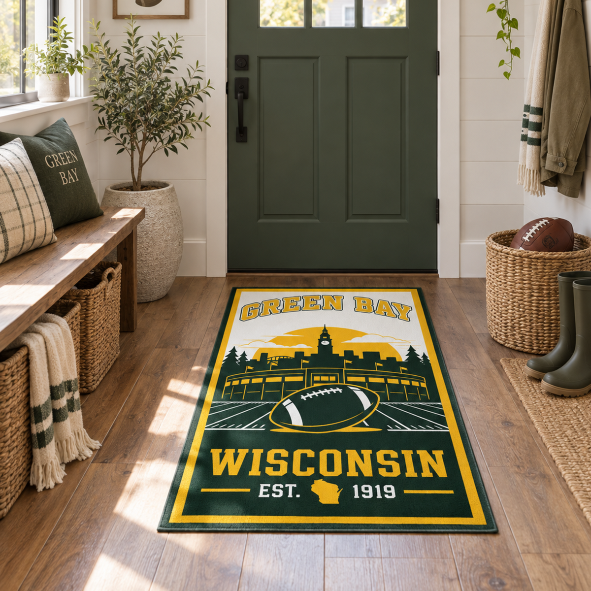 My Magic Carpet 2.5 x 7 Green Bay football machine washable runner rug in dark green, gold, cream and white, NFL fan decor with Green Bay Packers-inspired football and Wisconsin stadium design.