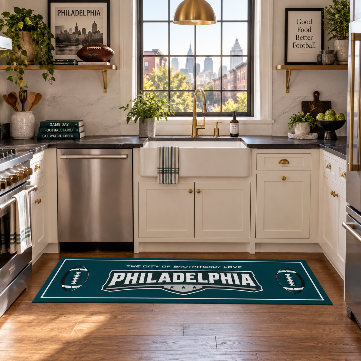 My Magic Carpet 6 x 9 Philadelphia football machine washable area rug in midnight green, black, white and gray, NFL fan room decor with Philadelphia Eagles-inspired skyline, bridge and football artwork.