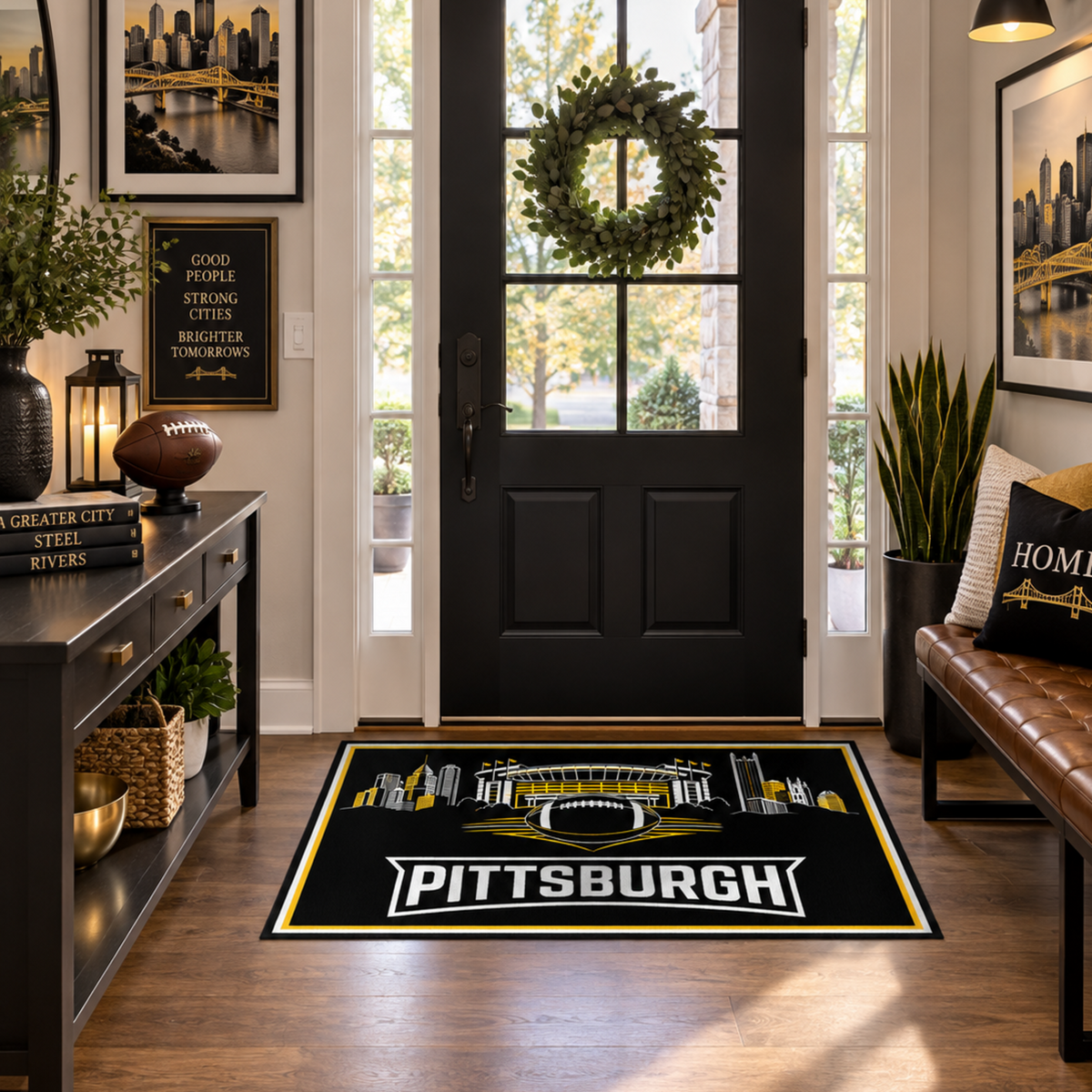 My Magic Carpet 3 x 5 Pittsburgh football machine washable area rug in black, gold and white, NFL fan decor with Pittsburgh Steelers-inspired skyline, stadium and football graphic.